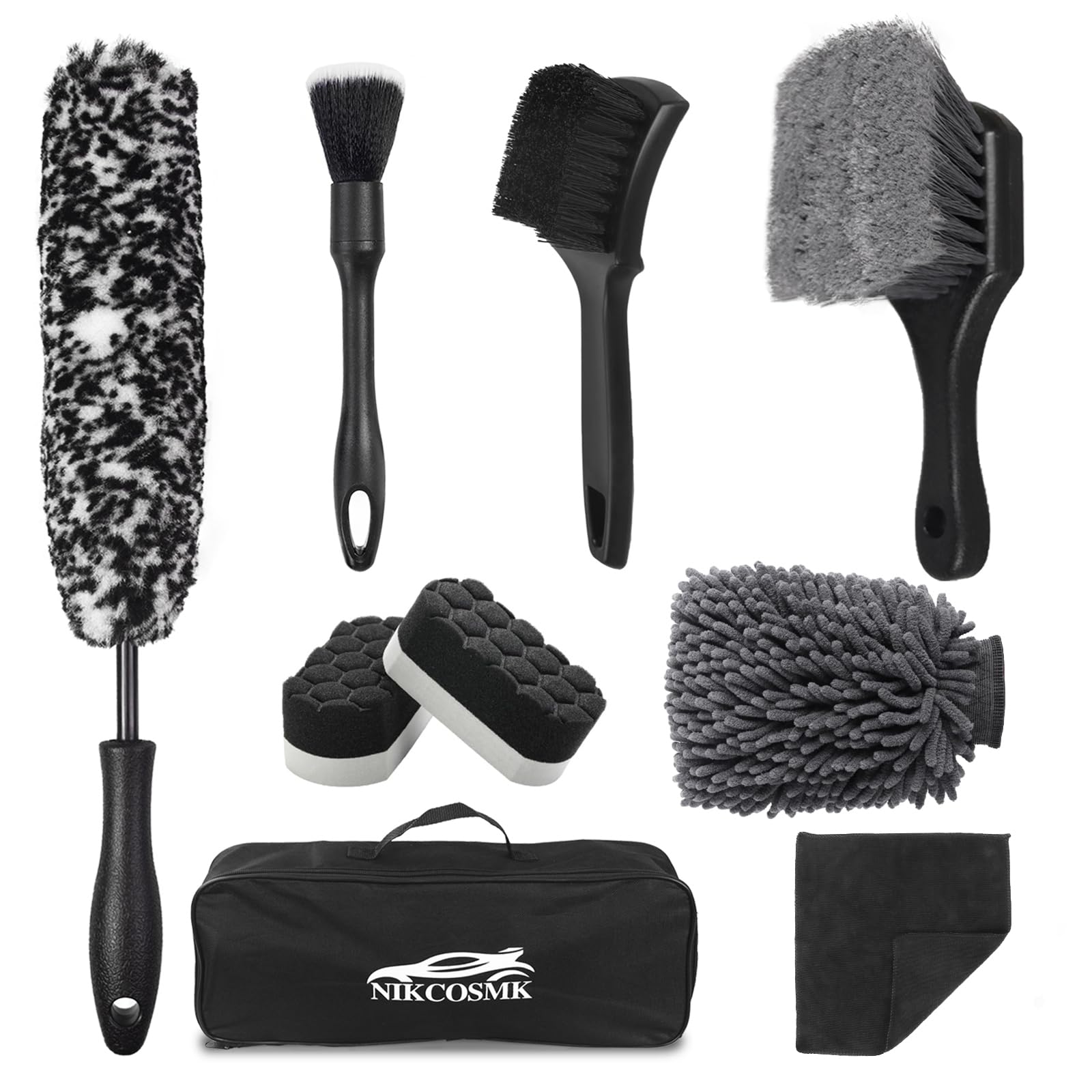 Kit de 9 cepillos para ruedas y neumáticos de coche, cepillo limpiador de ruedas, cepillo de borde de cerdas suaves, toalla de secado de coche (36 x 24 pulgadas), almohadilla aplicadora de brillo de