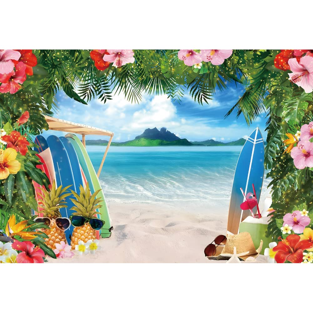 Hawaii-Party-Deko-Set – Mit Hintergrund (180x110 Cm), 9 Papierblumen, 12 Palmenblättern & Tischdecke