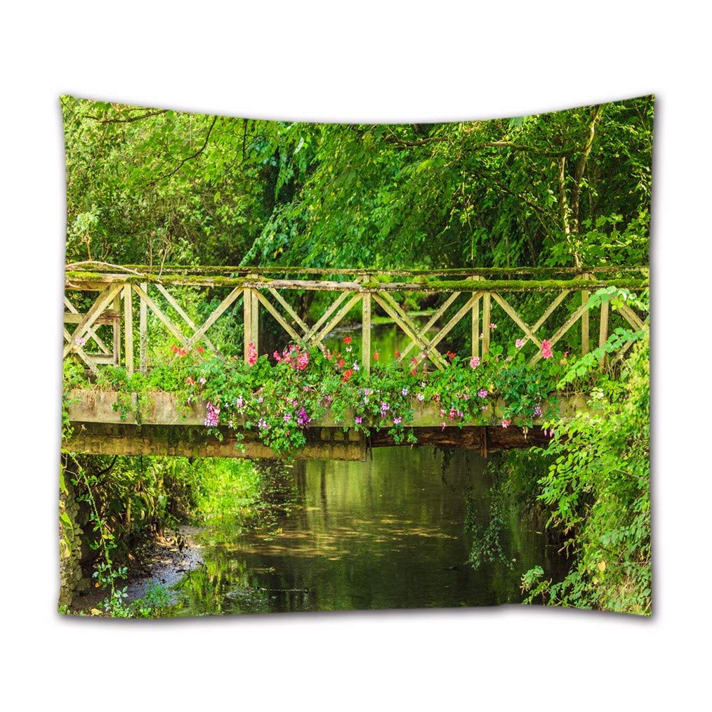 A.Monamour Old Bridge Over River Green Forest Trees Flowers Nature Landscape Scenery Photography Picture Print Polyester Fabric Wall Hanging Tapestry Wall Decors Curtains For Home 153X203Cm/60 X80
