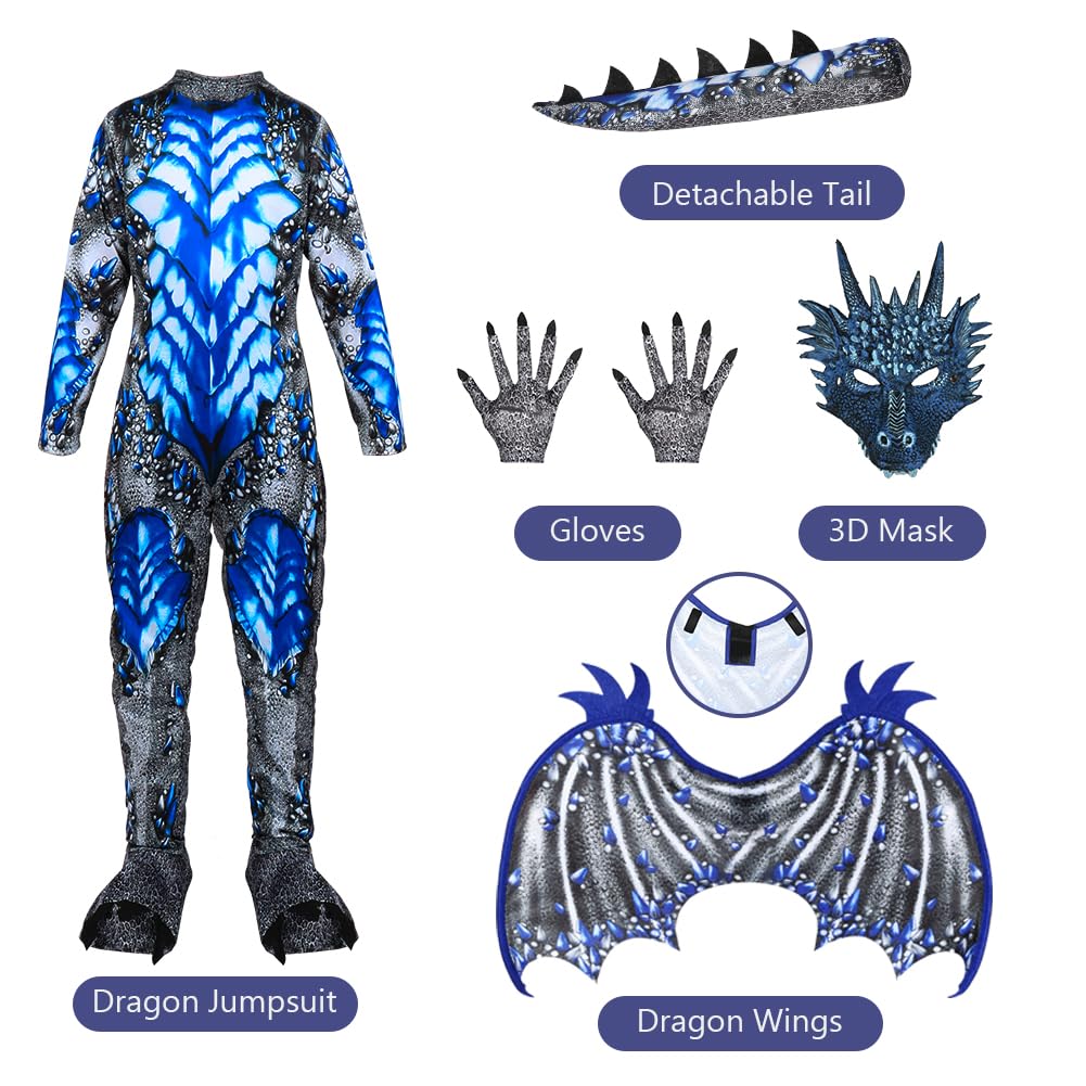 AYBUY Costume da Drago per Bambini, Tutina da Drago per Ragazzi Ragazze con Ali Maschera Guanti e Ala Posteriore, Costume Dragon Onesies Bambini per Carnevale Halloween Cosplay