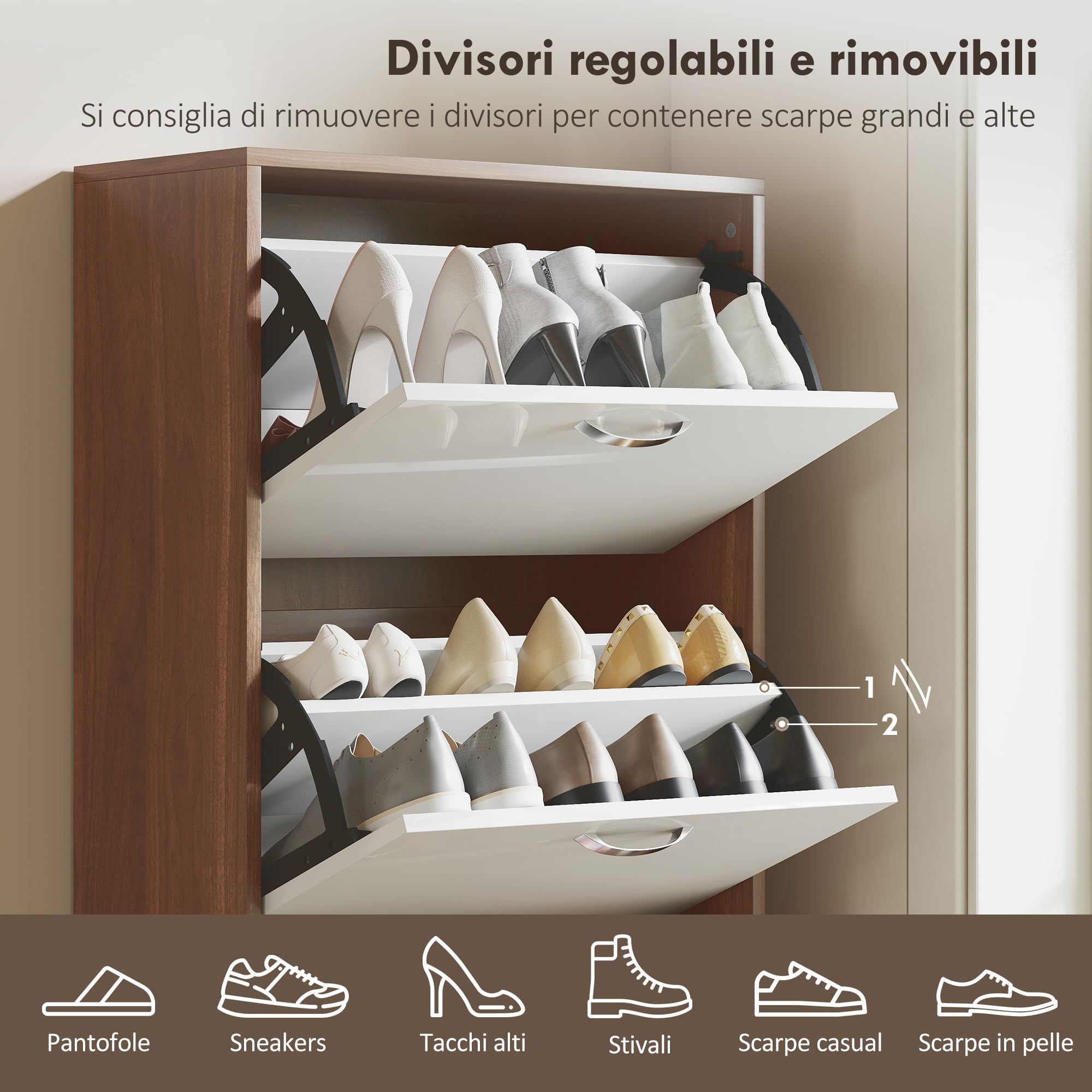 HOMCOM Scarpiera Slim Salvaspazio a 5 Livelli per 30 Paia max con 2 Ripiani per Livello, Mobile Portascarpe in MDF, 60x28x189 cm, Bianco e Marrone