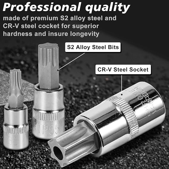 AOBEN 64Pcs Master Torx Bit Socket and External Torx Socket Set، 1 / 4 / 3، 8 / 1 -inch (E4-E24، T6-T70، TT6-TT70، T8- TP60) ، الصلب, يتضمن محولات مأخذ التوصيل