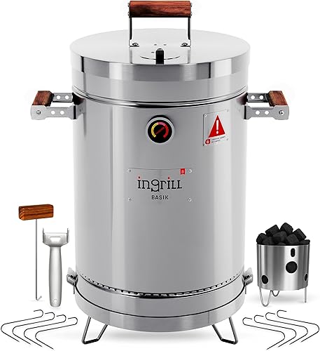 Miniatura 11 de Parrilla Ahumadora de Barril de Acero Inoxidable 3 en 1 – Barbacoa Portátil de Carbón con Termómetro, Ahumadora de 25 libras para Cocinar al Aire