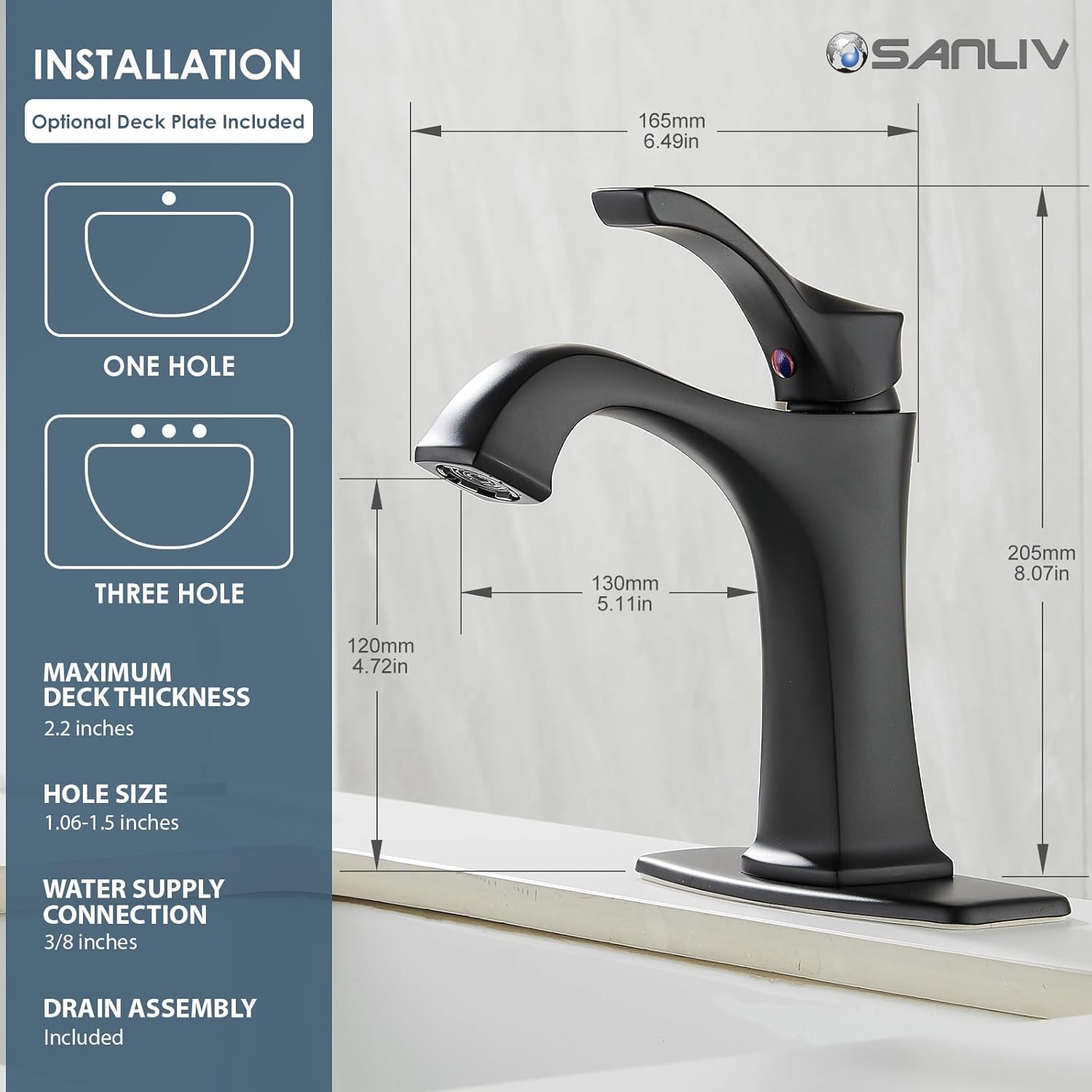 Matte Black Bathroom Faucet 1 Hole, Sanliv Single Handle Bathroom Sink Faucet, Modern Black Vanity Faucet with Deckplate & Pop-Up Drain for One or 3-Hole Farmhouse Sinks - Image 6