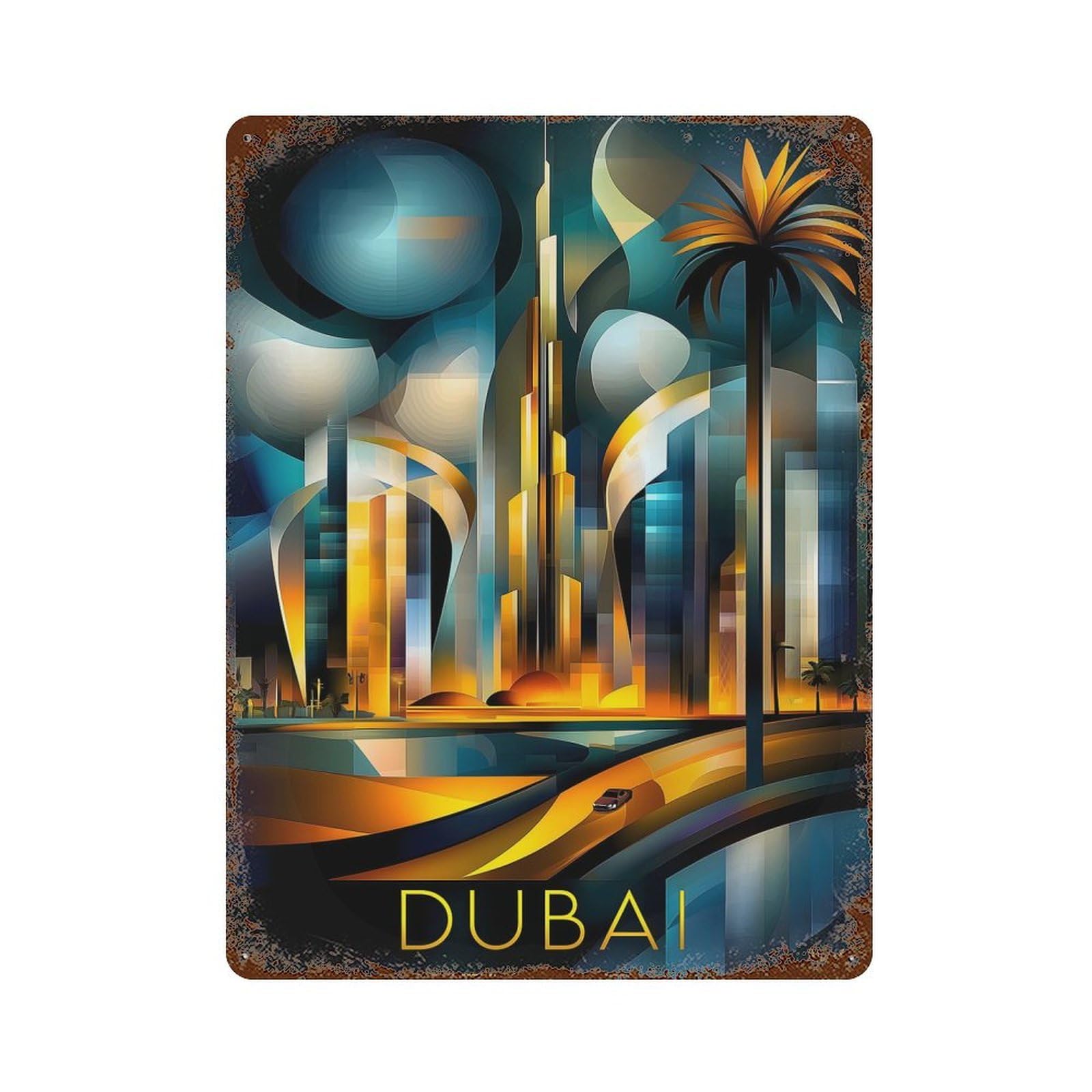 Dubai Futuristic Cubism – Modern Geometric Skyline Vintage Metal Tin Sign 15.7"x11.8", Industrial Home Decor for Garage, Pub Or Kitchen