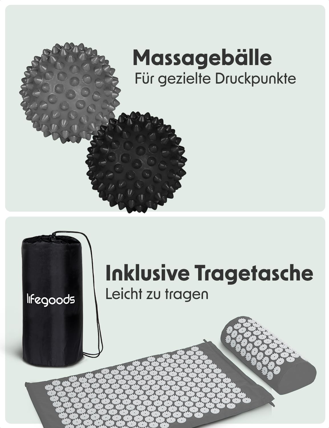 LifeGoods Akupressurmatte Mit Kissen - Akkupressmatte - Akkupressurmatte+ - Akupressur Matte - Akupunktur Matte - Massagematte - Rücken - Stachelmatte - Fakirmatte - Nagelmatte - Acupressure Mat