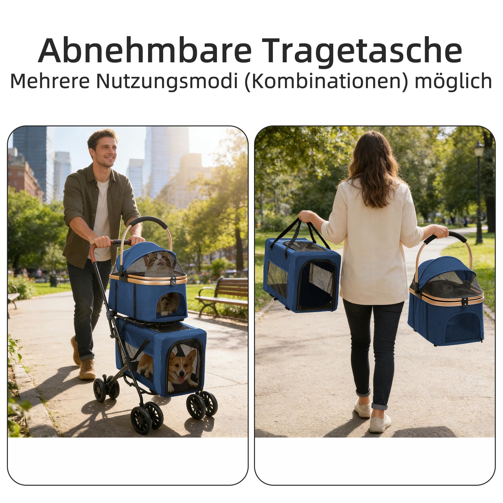 Homewell 2 in 1 Hundewagen, Hundebuggy, Doppelstöckiger Haustierbuggy, Kinderwagen für Katzen/kleine Hunde, Jogger Buggy für Haustiere mit Netzfenstern, Bis 40kg (Blau)