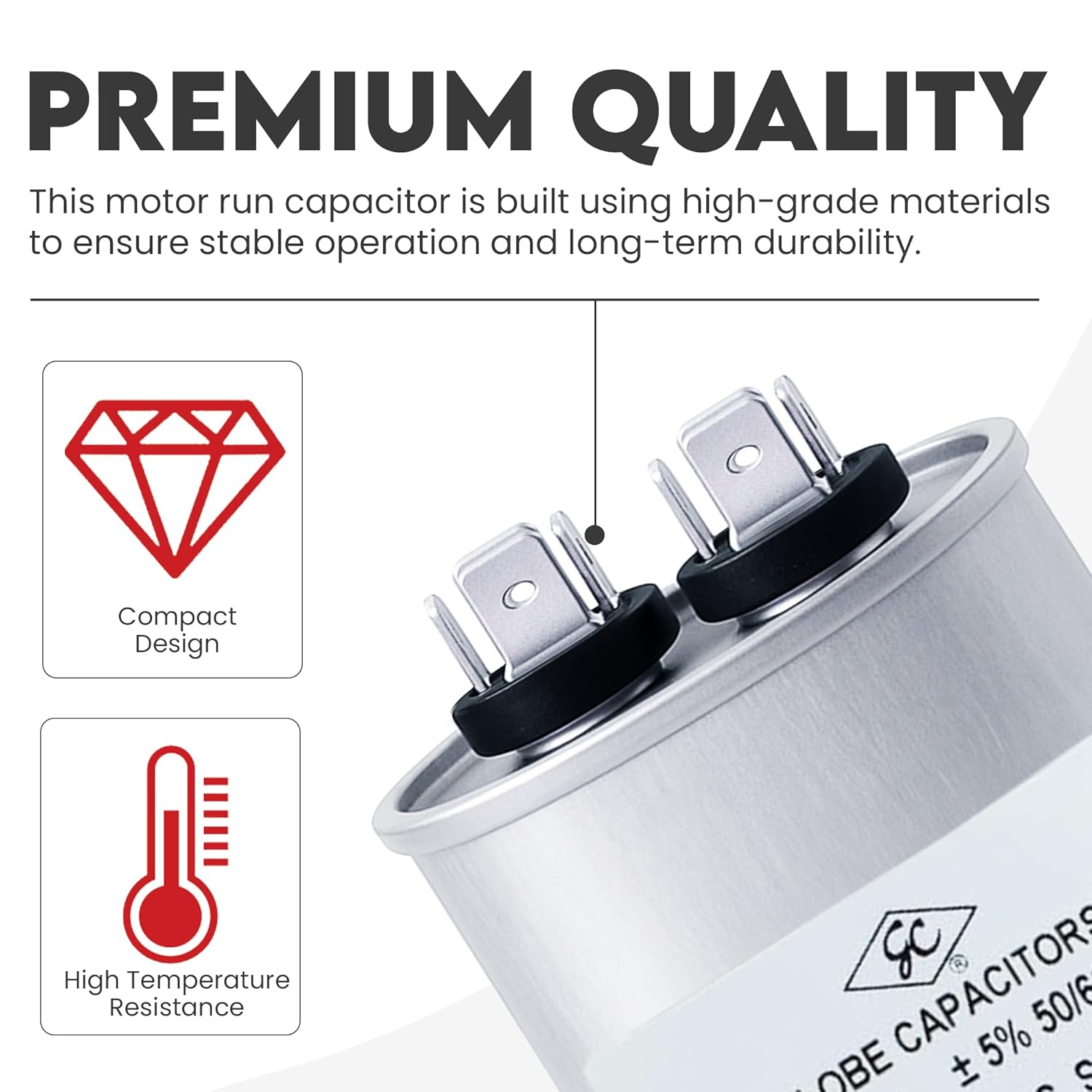Globe Capacitor 25mfd ±5% 370V/440V Oval Single Element CBB65 Motor Run UL Recognized 25uf 370/440VAC 50/60hz Industrial Electrical