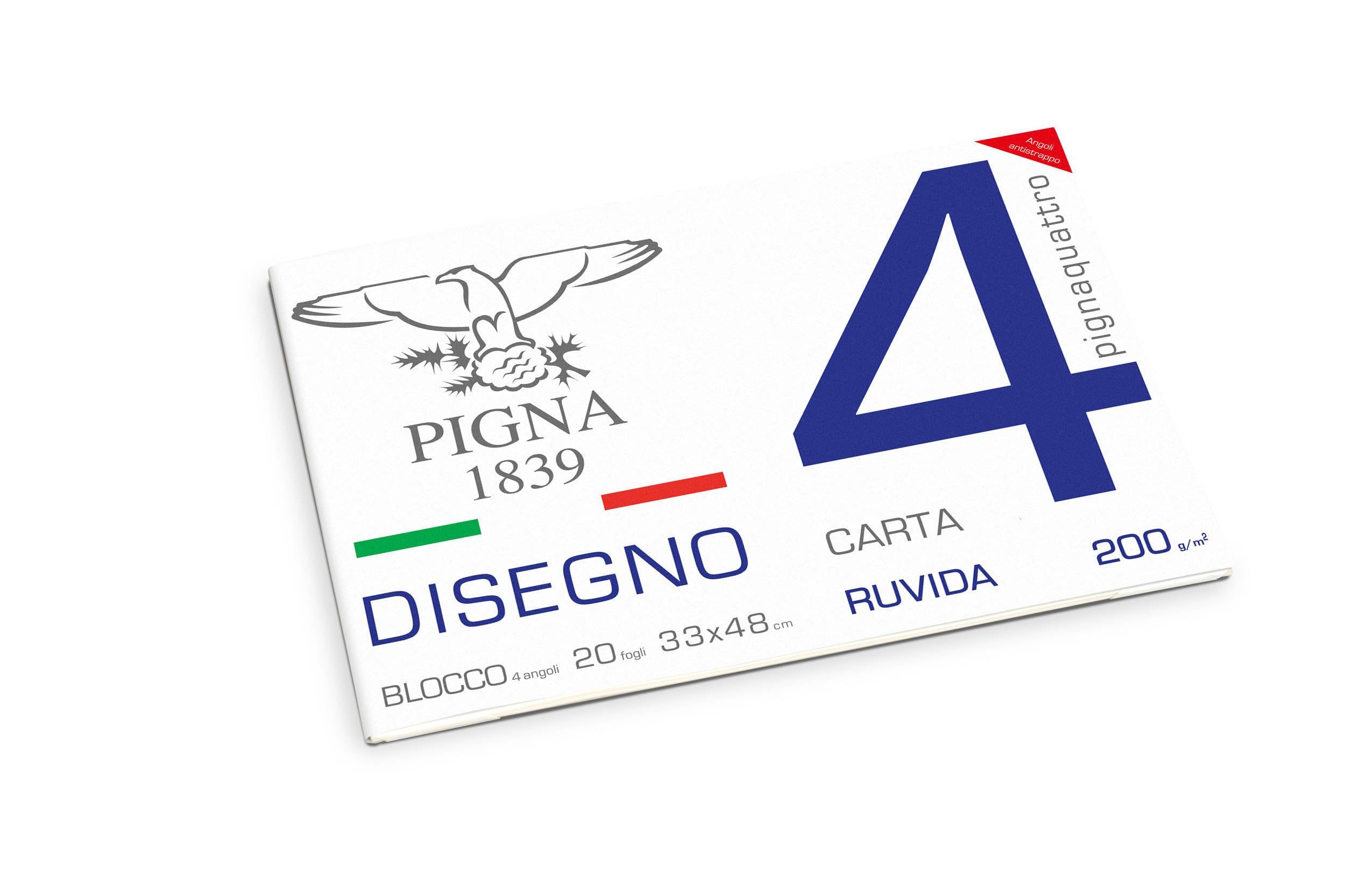 Pigna, PignaQuattro Drawing Pad with 4 Corners, Size 33 x 48 cm, 20 Sheets of 200 g/m², Perfect for Drawings and Sketches, Rough Paper, Pack of 1