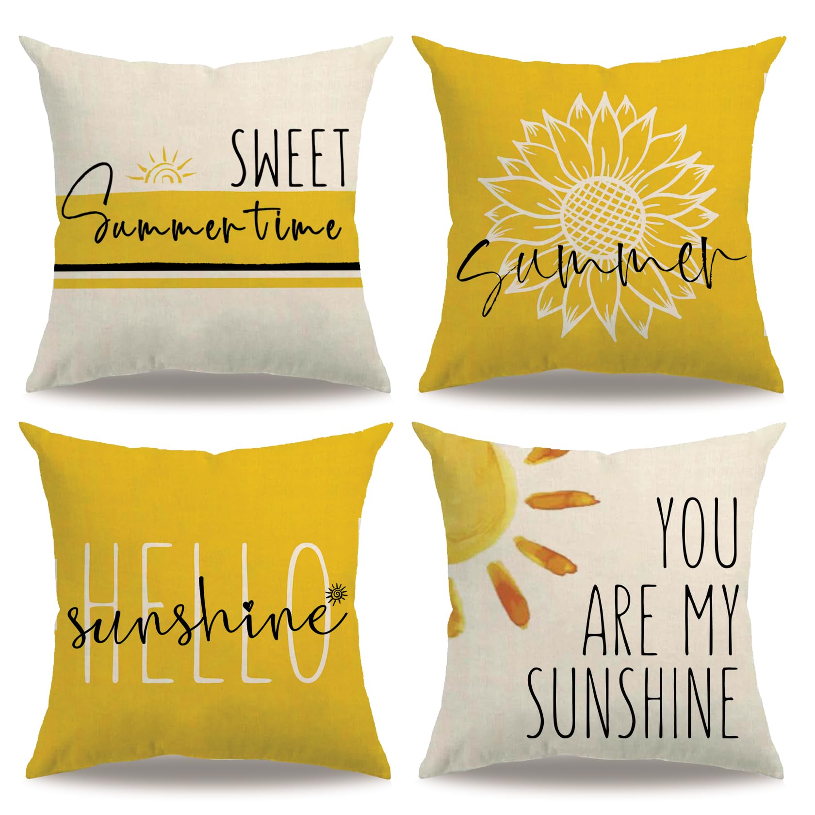 4Pack Summer Decor Pillow Covers Yellow Floral Sunflower Hello Sunshine Cushion Cover You Are My Sunshine Farmhouse Sweet Summer time Home Decor Pillowcases 18”×18”For Sofa Patio Couch (Yellow)