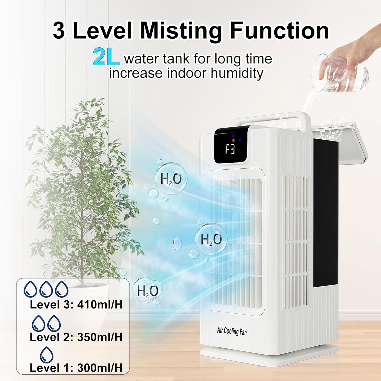 Sugoiti Portable Fan, 4 Speeds, 8H Timer, 3 Mists, 2L Tank, 7 Color Night Lights, Remote, 120° Oscillation, Ideal for Home, Bedroom or Office