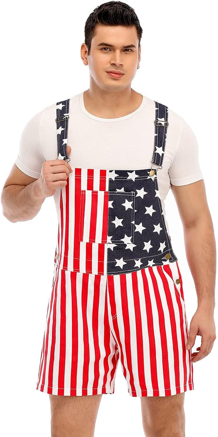 American Flag Denim Bib Overalls Patriotic Rompers Shorts Summer Holiday Jumpsuit Costume Outfit Mens & Womens - Image 2