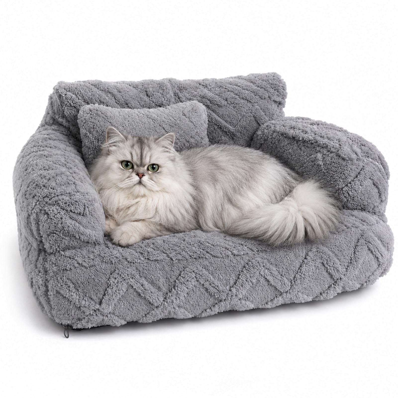 Auveach Cat Sofa Bed, Plush Calming Sofa Bed with Cushion for Indoor Cats & Small Dogs Ultra-Soft Fluffy Pet Bed with Washable Removable Cover, Non-Slip Bottom (Light Grey, L-65 * 45 * 30cm)
