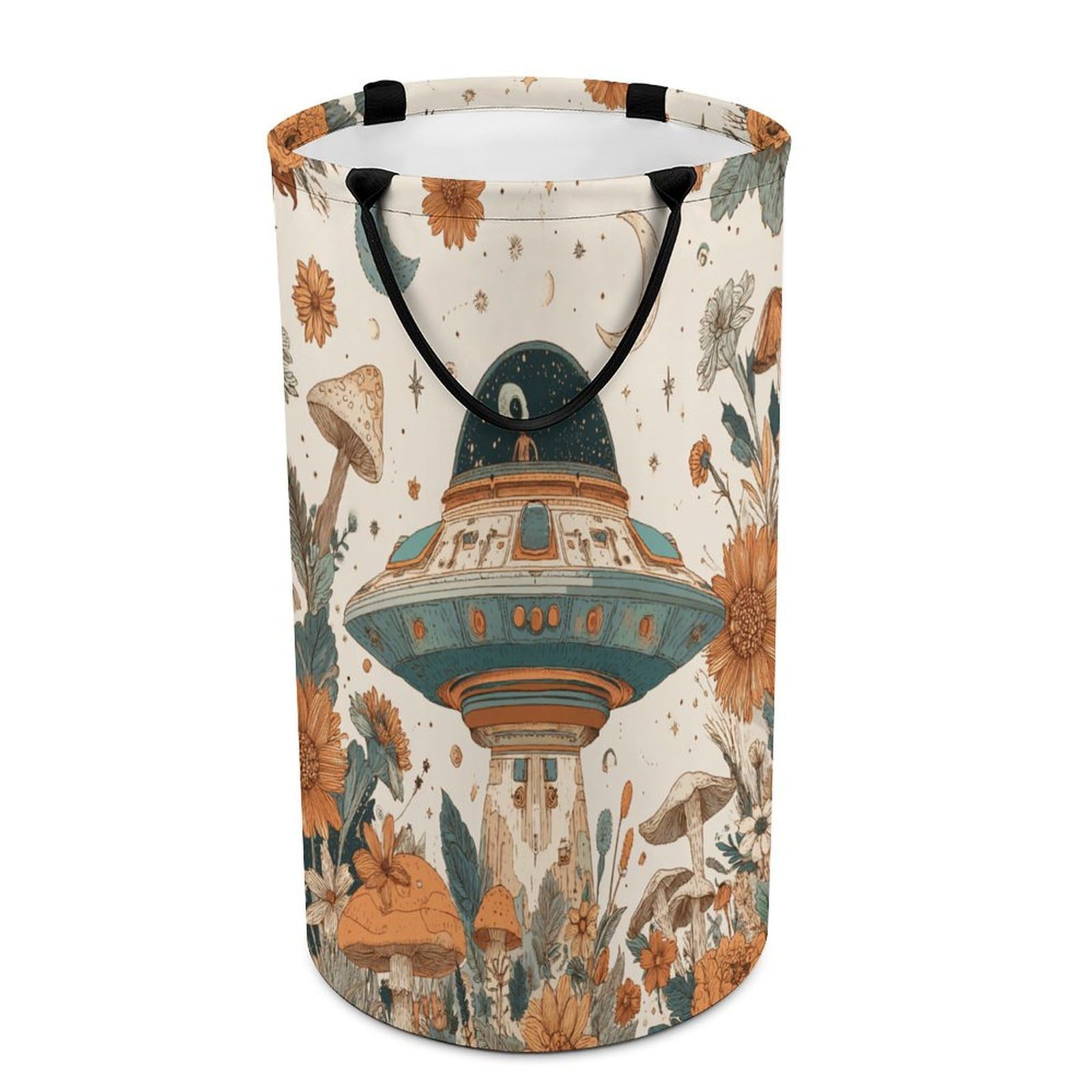 LUYYSKY Classic Cute Alien Spaceship Collapsible Dirty Clothes Basket, Oil Painting Funny Moon Botanical Plants Mushroom Floral Portable Clothes Storage Basket