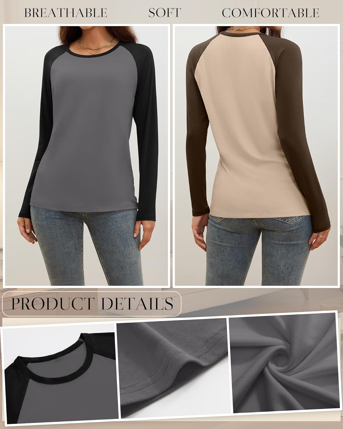 Huukeay 3 Pack Women's Long Sleeve Shirts, Raglan Color Block Baseball Tees, Crew Neck Casual Jersey Tunics Tops - Image 6