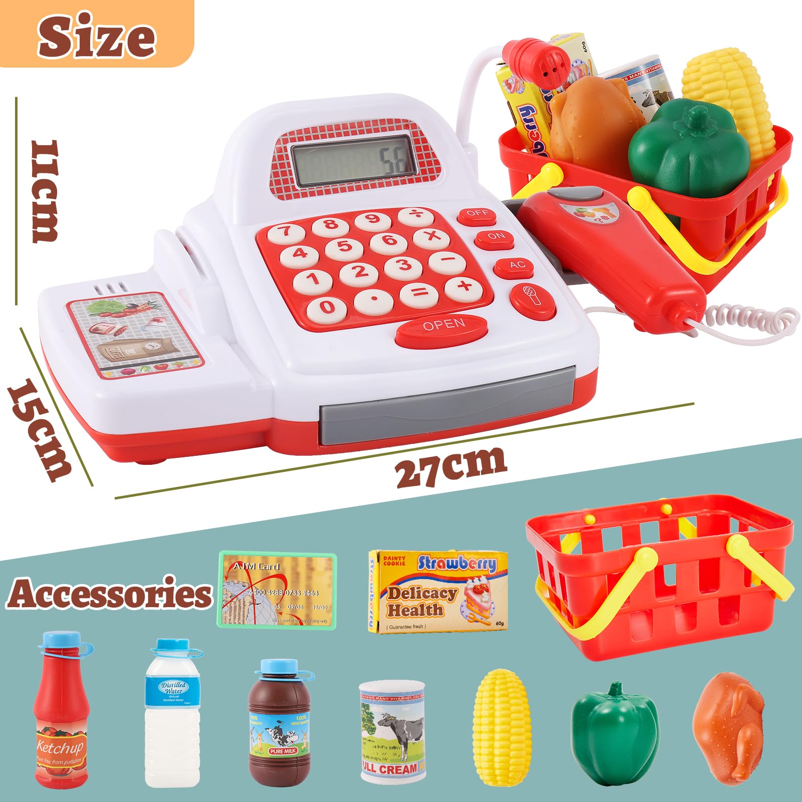 TOEY PLAY 39 Pezzi Registratore di Cassa Supermercato Giocattolo Scanner, Negozi e Accessori Giochi d'Imitazione Regalo per Bambini 3 4 5 6 Anni