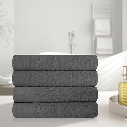 Superior Juego de 4 toallas de baño de algodón turco jacquard sólido para adultos y niños, artículos esenciales de baño, ducha, spa, piscina, secado