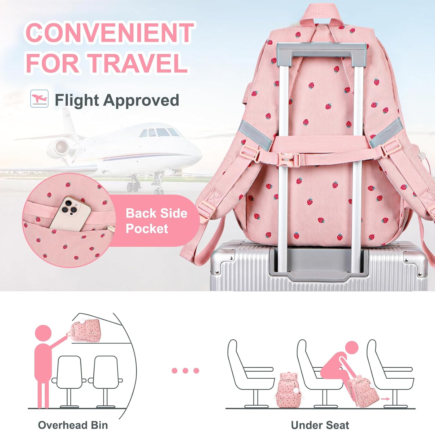 Backpack for Girls - Corduroy Girls Backpack with Lunch Bag & Pencil Pouch for Teen Kids Laptop Backpack for Women, Middle High School Bookbag Travel Daypack (Pink Strawberry) - Image 5