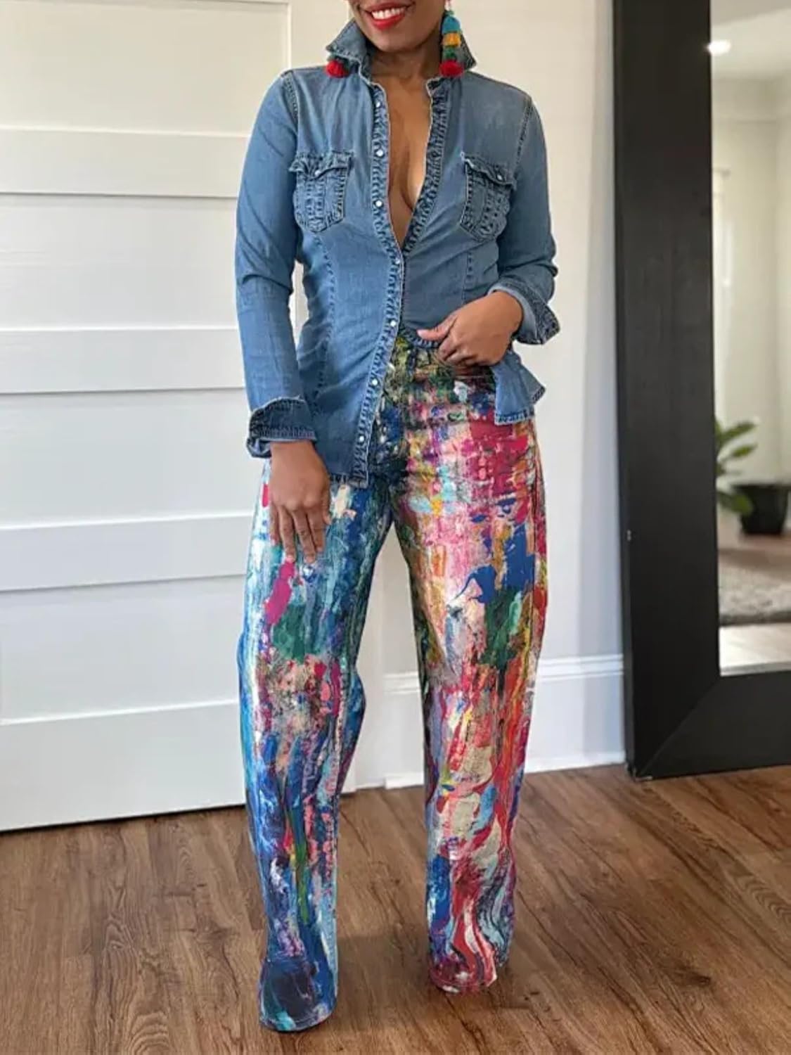 [WYSORUSGK] レディース カラフルプリント バギージーンズ ワイドレッグ タイダイ ハイウエスト ストレッチデニム カーゴ