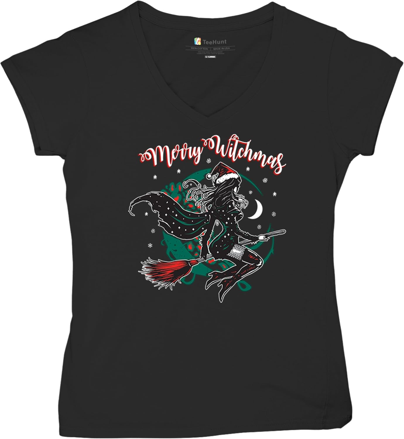 Merry Witchmas Women's V-Neck T-Shirt Cute Funny Christmas Witch Flying Broom Tis The Season Xmas Jolly Festive Spirit Tee - Image 5