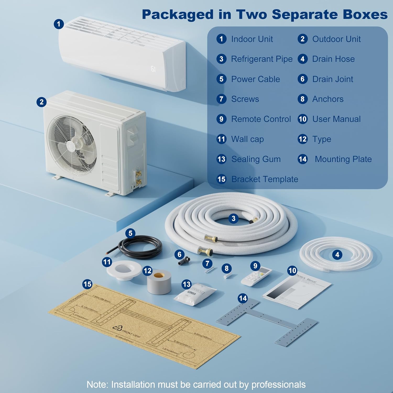 Components included in the Uthfy HY12GWH115 Split Air Conditioner package, showing indoor unit, outdoor unit, remote control, and installation accessories.
