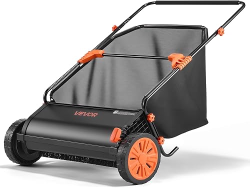 Push Lawn Sweeper 30 in Leaf & Grass Collector 12 cu. ft. Hopper Bag | Heavy Duty Yard Sweeper with Adjustable Brush Height, Spinning Brushes, Rubber Wheels for Leaves Grass Cleanup, Black/Orange