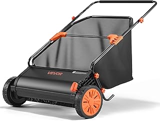 VEVOR Push Lawn Sweeper 30 in Leaf & Grass Collector 12 cu. ft. Hopper Bag | Heavy Duty Yard Sweeper with Adjustable Brush Height, Spinning Brushes, Rubber Wheels for Leaves Grass Cleanup, Black/Orange