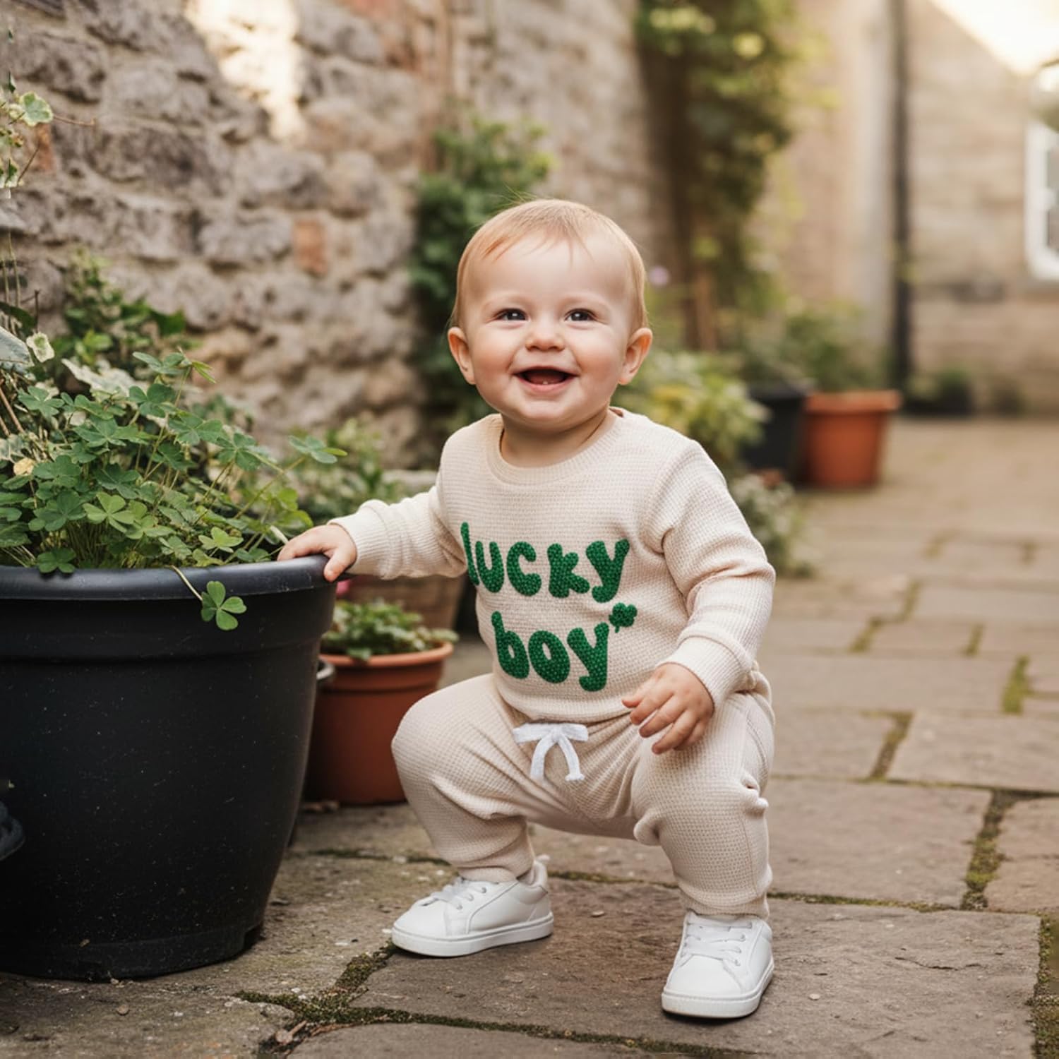 Newborn Infant Baby Boy St Patricks Day Outfit Lucky Boy Embroidery Waffle Knit Long Sleeve Romper Top Pants Set - Image 4