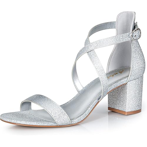Ankis Silver Gold Nude Black White 2.25Inches Strappy Block Heels Comfy Grace Sandals Open Toe Chunky Dress Wedding Party Prom Heels with Adjustable Cross Strap