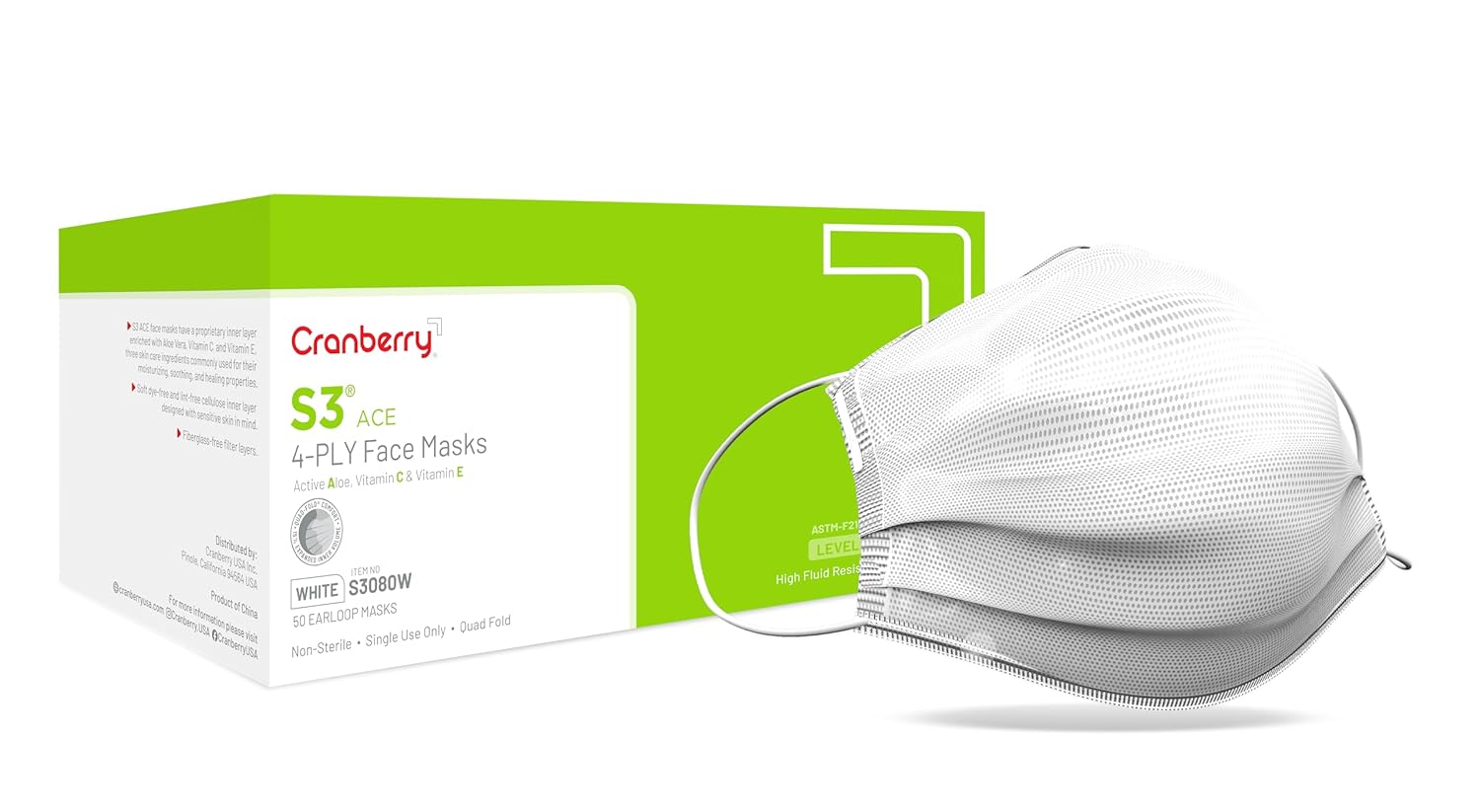 Cranberry USA S3080Wcase S3 ACE Ear Loop Face Mask, ASTM Level 2, White (Pack of 400)