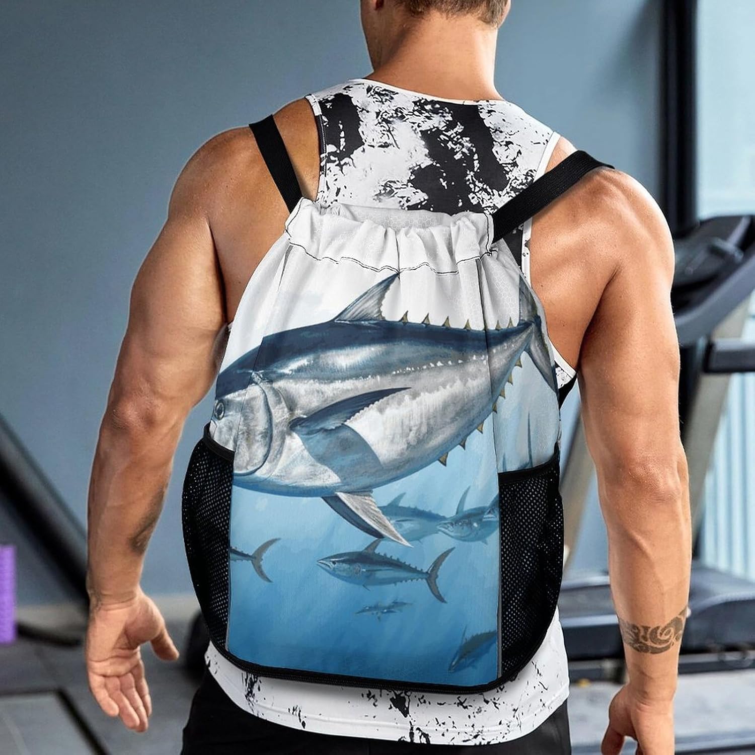 Sports Drawstring Backpack Bluefin Tuna Thunnus Lightweight Backpack Dry And Wet Separation Large Capacity
