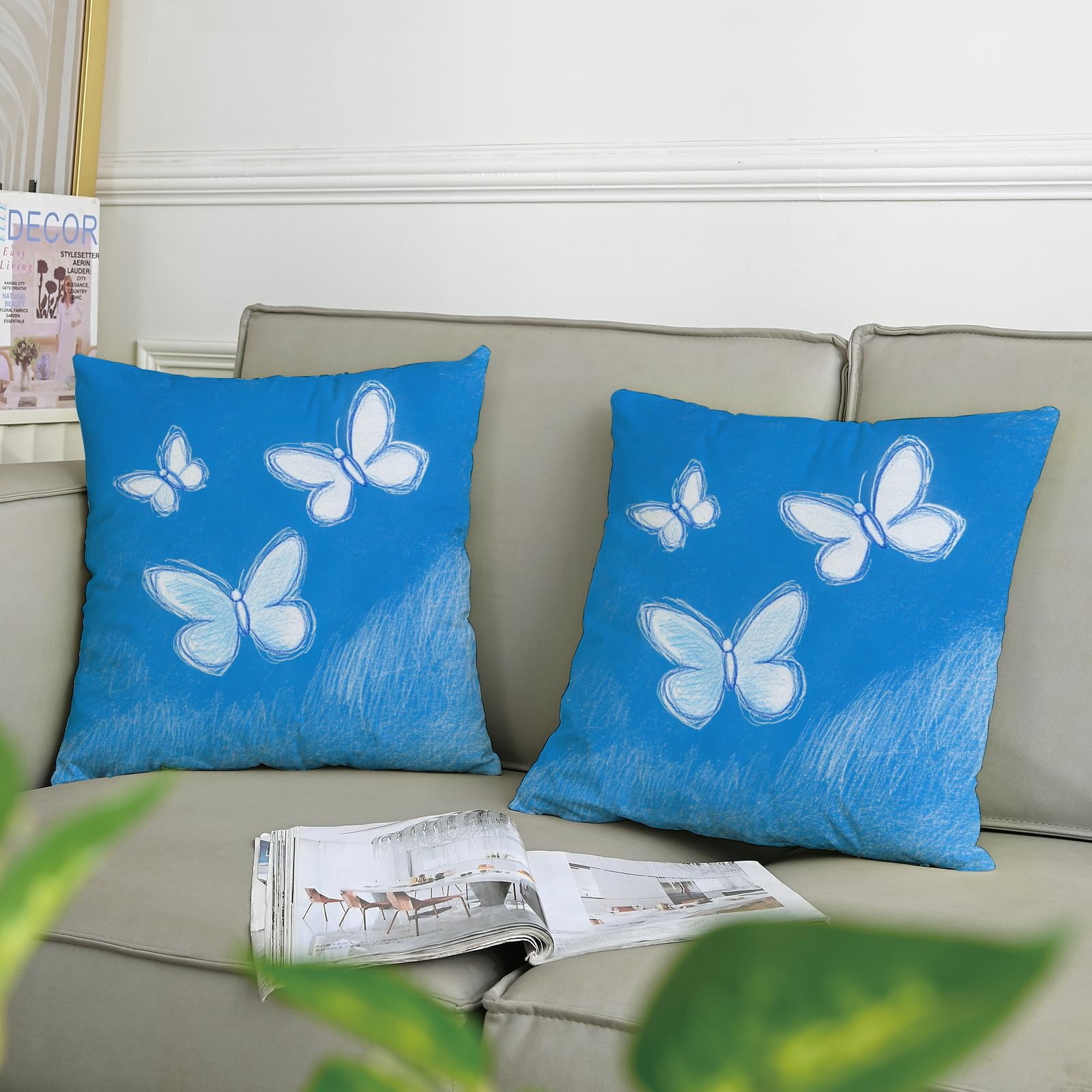 GDHBLING Cartoon Kids Butterflies Throw Pillow Covers 20x20 Set of 2, Soft Cute Blue Anime Pillow Cases Kit with Zipper, Fun Funny Velvet Decor for Couch Sofa Living Room Bed