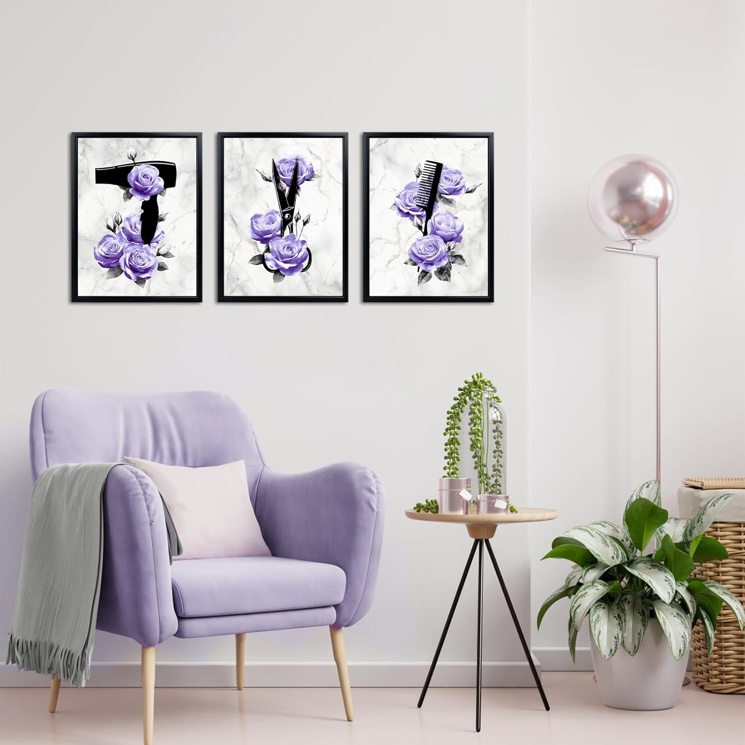 WELMECO Barbershop Decor Hair Salon Wall Decor Flower Painting Picture Hairstylist Office Bathroom Bedroom Decoration Framed 12x16inchx3Pieces (Purple)