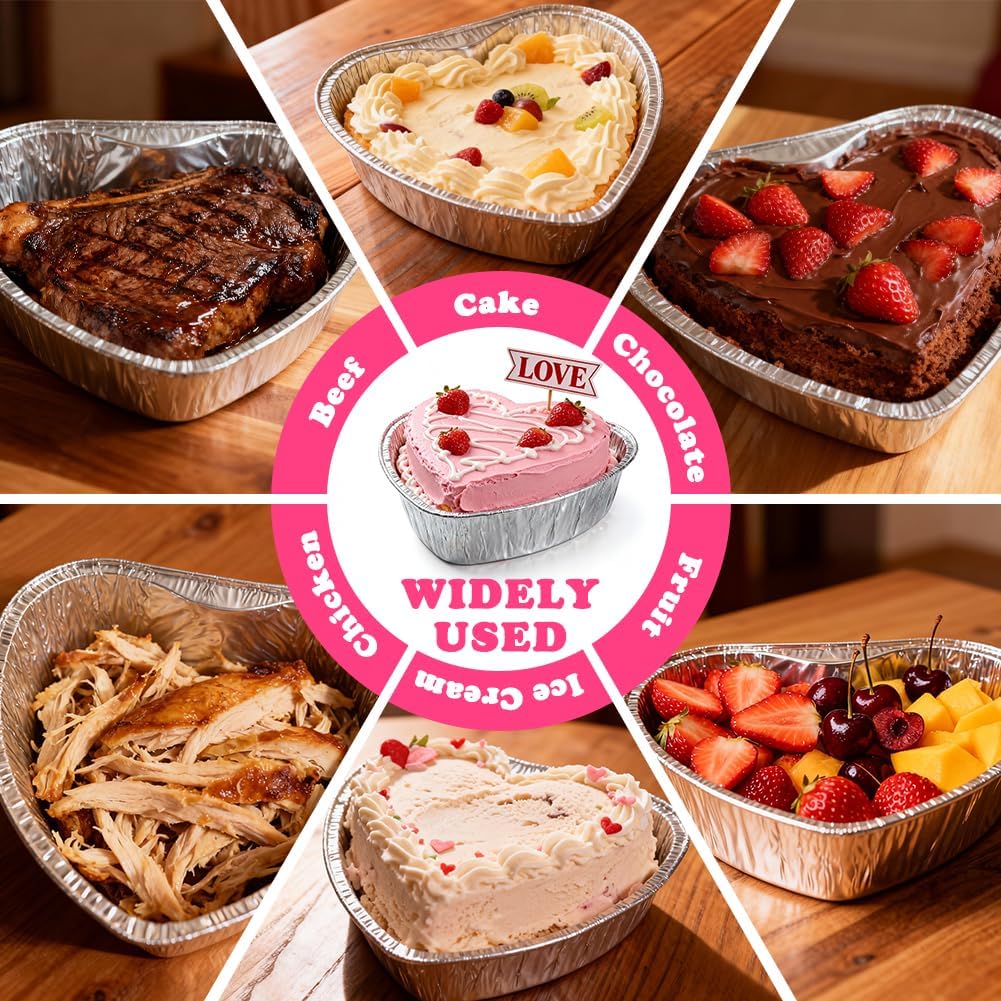 48PCS 27oz Heart Shaped Foil Pans Cake Pan with Lids 800ML 7.4'' Heart Pan Large Baking Cups Dessert Box Food Containers Aluminum Foil Cake Pans Packing Takeaway Boxes for Mothers day Wedding