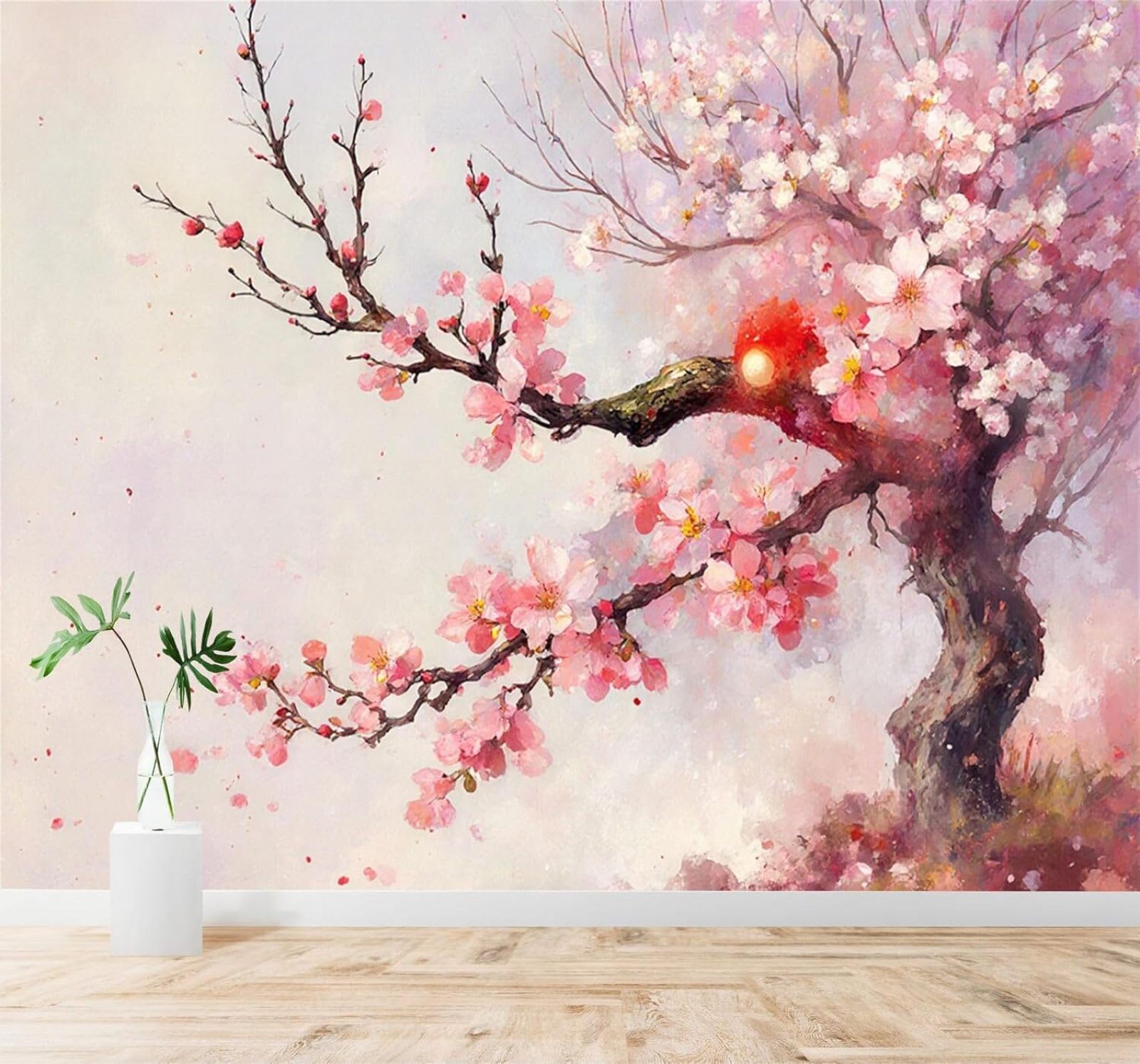 XLMING Hand Painted Watercolour Cherry Blossom Tree in Full Bloom Sunrise Style 3D Wallpaper Silky Texture Home Study Office Grey Dining Room Sofa Bedroom Living Room TV Backdrop-250cm×170cm