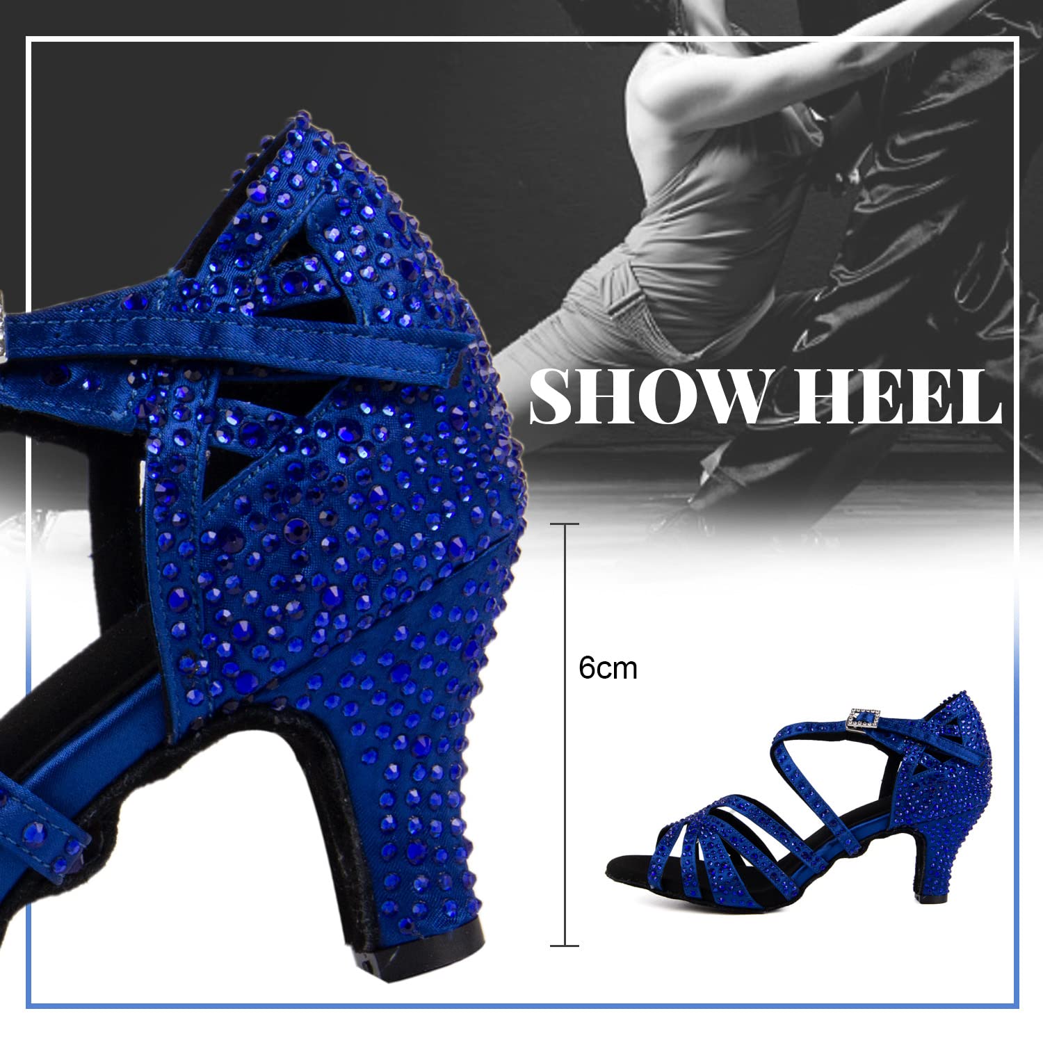 Zapatos de Baile Latino de salón para Mujer con Diamantes de imitación Salsa Tango Bachata Zapatos de Baile de Interior para Fiesta de Boda graduación,Azul 6cm Heel,36 EU