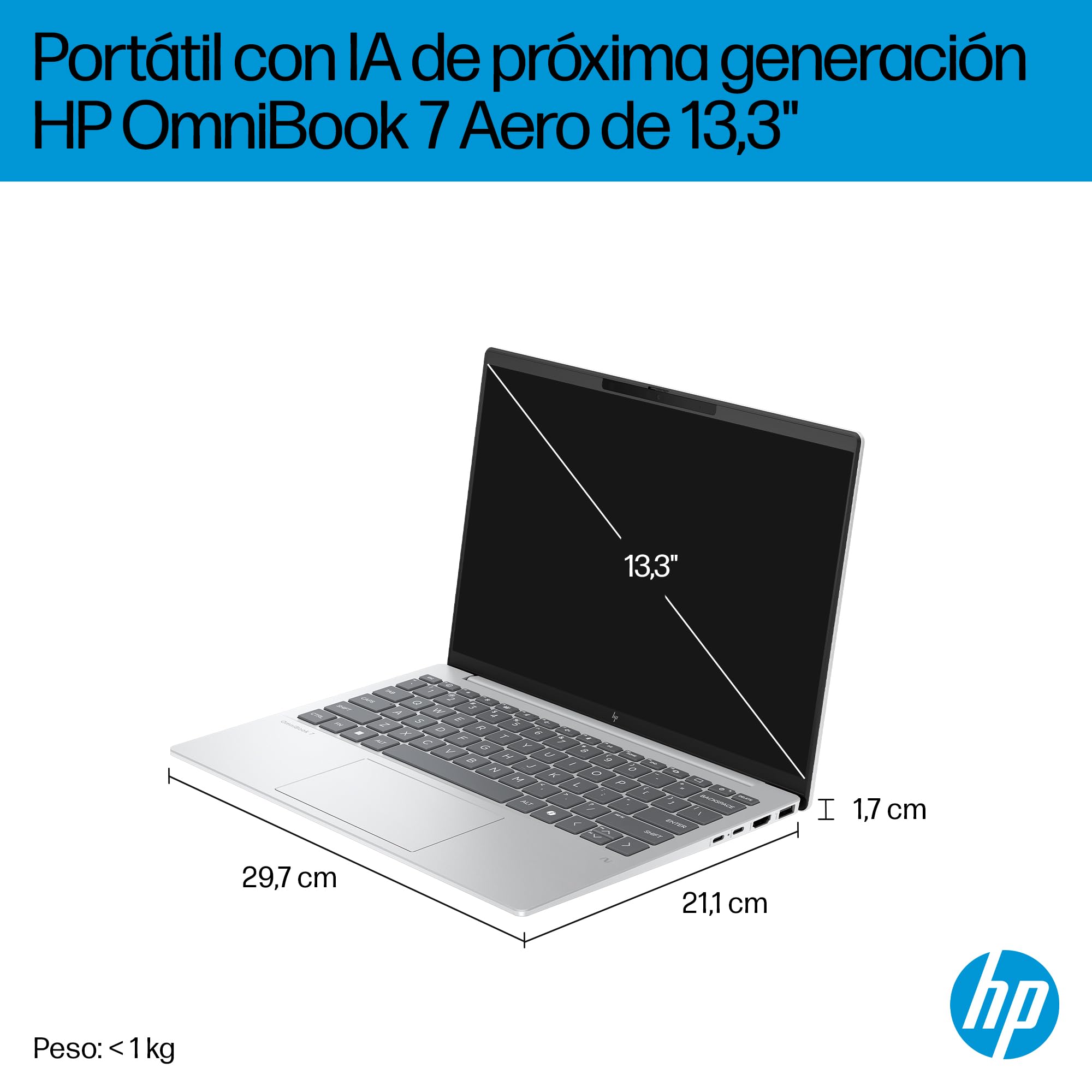 HP OmniBook 7 Aero Ordenador Portátil 13.3" 2K Ryzen AI 7 350, 32GB, 1TB | Ultraligero <1 kg, IA 50 TOPS, AMD Radeon 860M, batería de larga duración, WiFi 6, Windows 11, Teclado Qwerty Español, Gris