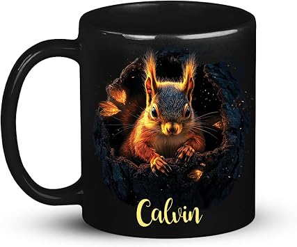 Customized Woodland Animal Black Cup, Ceramic Mug For Squirrel Lover, Personalized Forest Wildlife Cup 11oz 15oz, Squirrel Mug Gift For Holiday, Custom Name Animal Coffee Cup