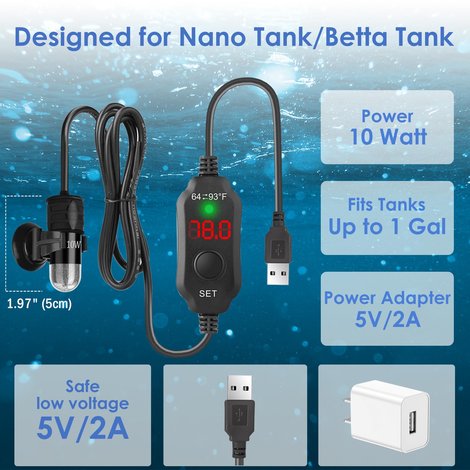 Mini-Aquarium-Heizung, 10 W, super kleiner Aquarium-Heizer mit Digitalanzeige-Thermostat, 5 V/2 A, USB-betriebener Betta-Tankheizer, Schildkrötenheizung, kleine Aquariumheizung für Tanks bis zu