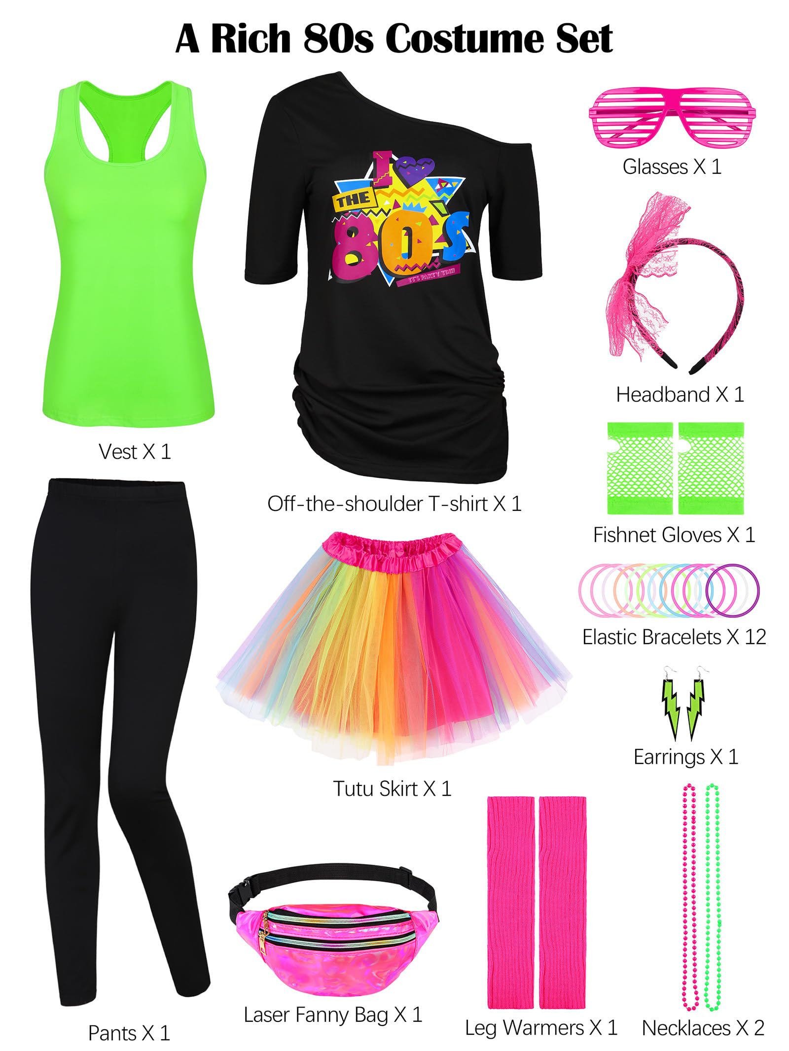 AOTHSO 24 Pieces Halloween Women 80s Costume Accessories Set 80s Cosplay T-shirt Tutu Pants Racerback Top Fanny Pack Gloves