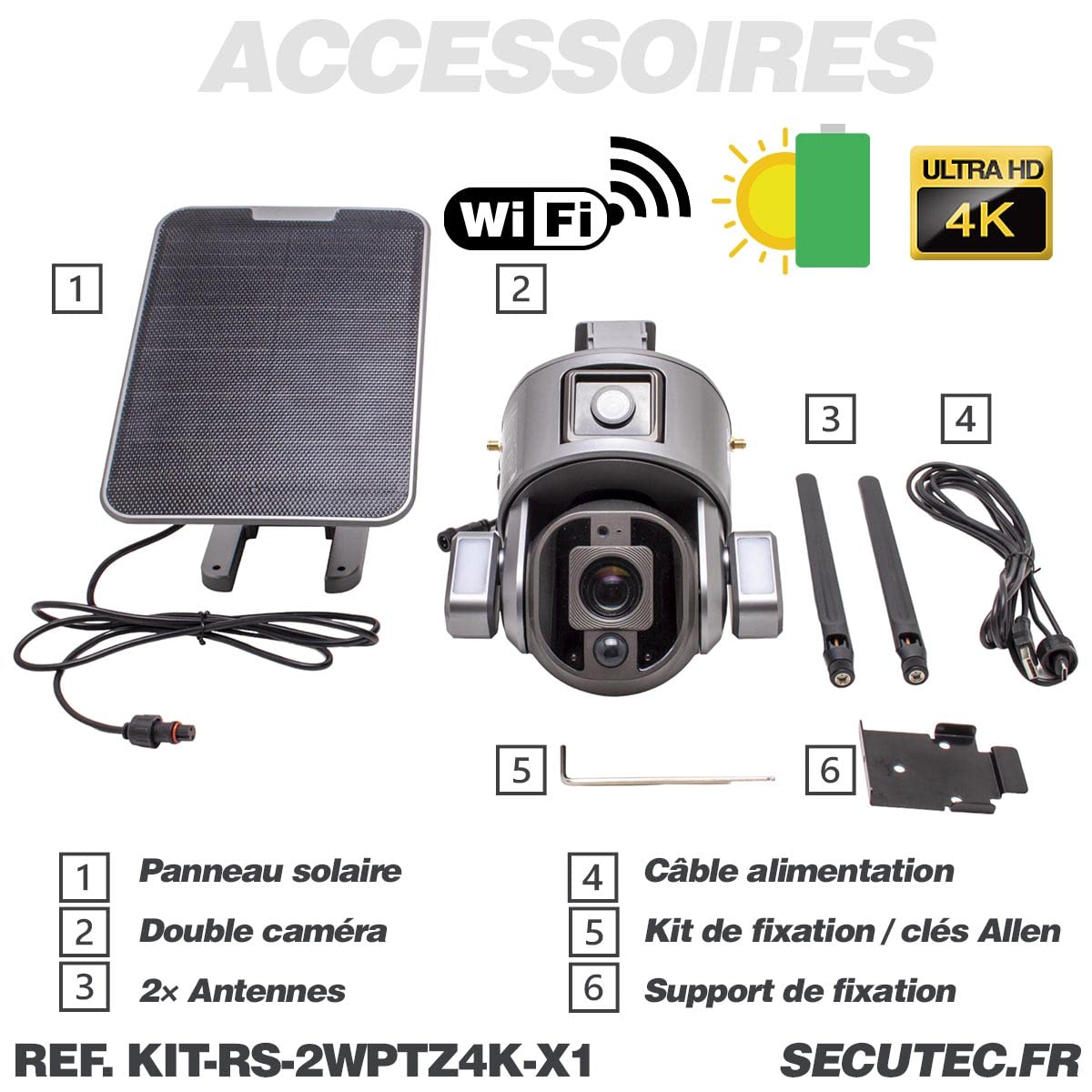 Kit vidéosurveillance 3G 4G autonome solaire waterproof avec une double caméra pilotable solaire Wifi Ultra HD 4K Zoom X20 autotracking IR détection de mouvement alarme et sirène microSD 128 Go