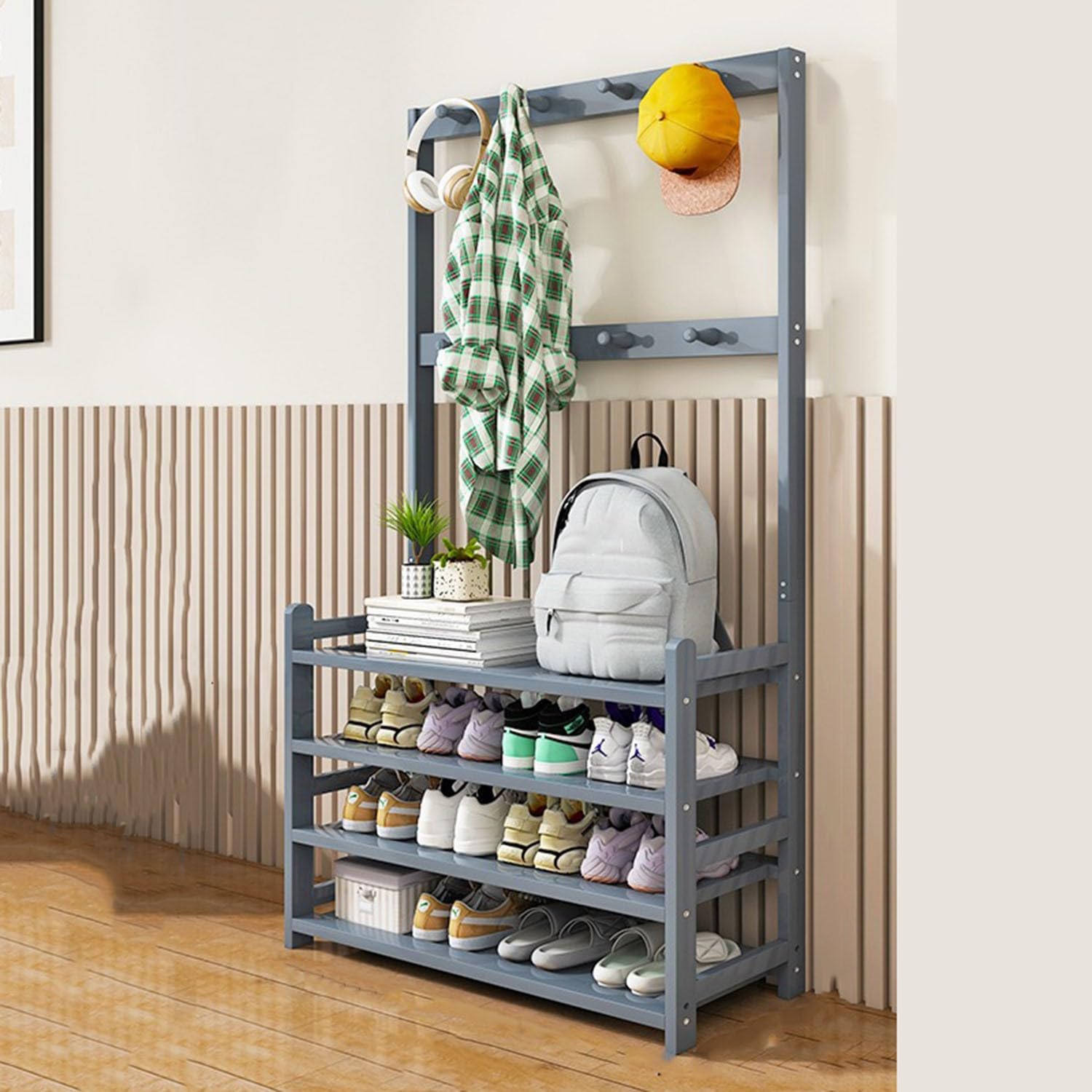 Porte-manteau avec porte-chaussures en bambou à 5 niveaux pour optimiser votre entrée
