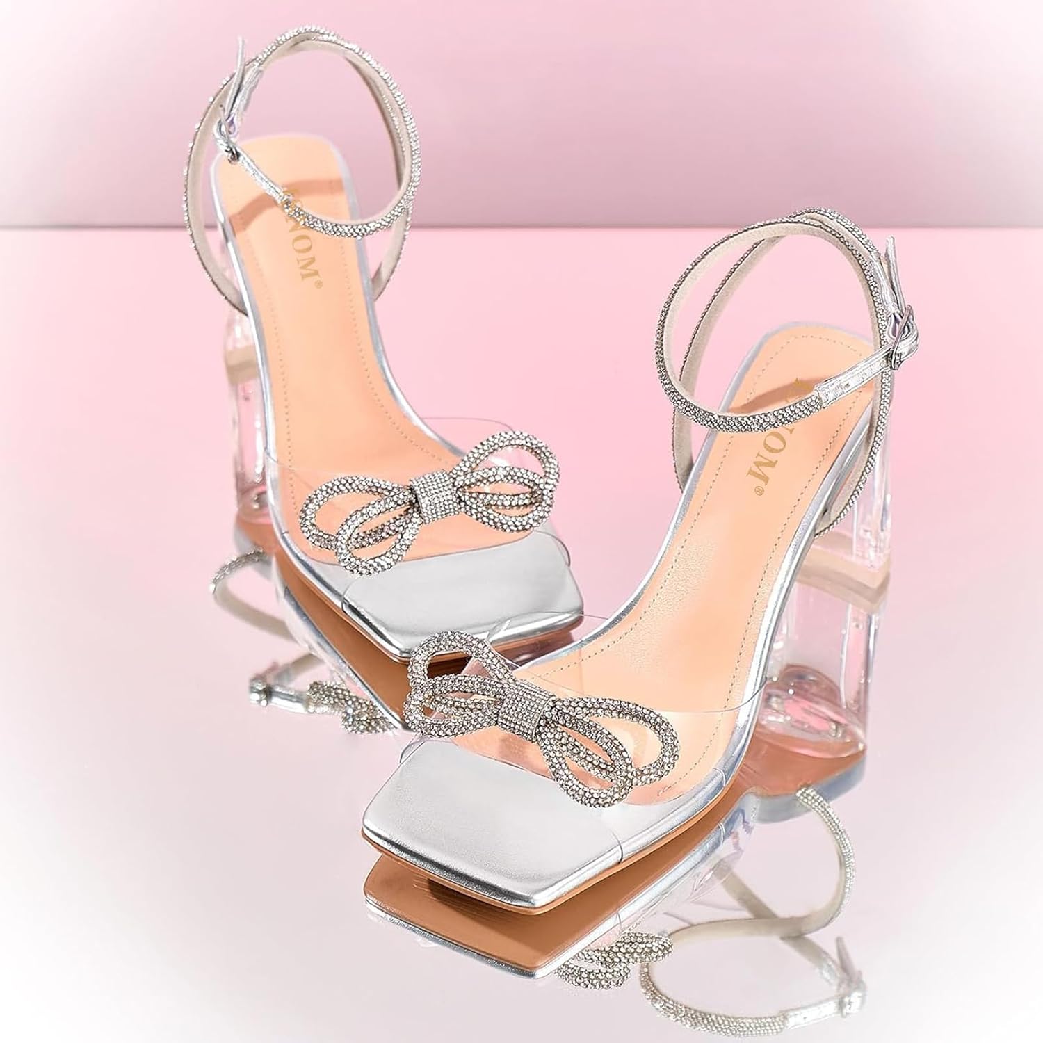 ISNOM Womens Clear Heels: Bow Rhinestone Glitter Wedding Sandals-Chunky Heel for Stability & Elegance-Adjustable Ankle Strap for Formal Events, Parties, Date Nights & All Occasions - Image 4