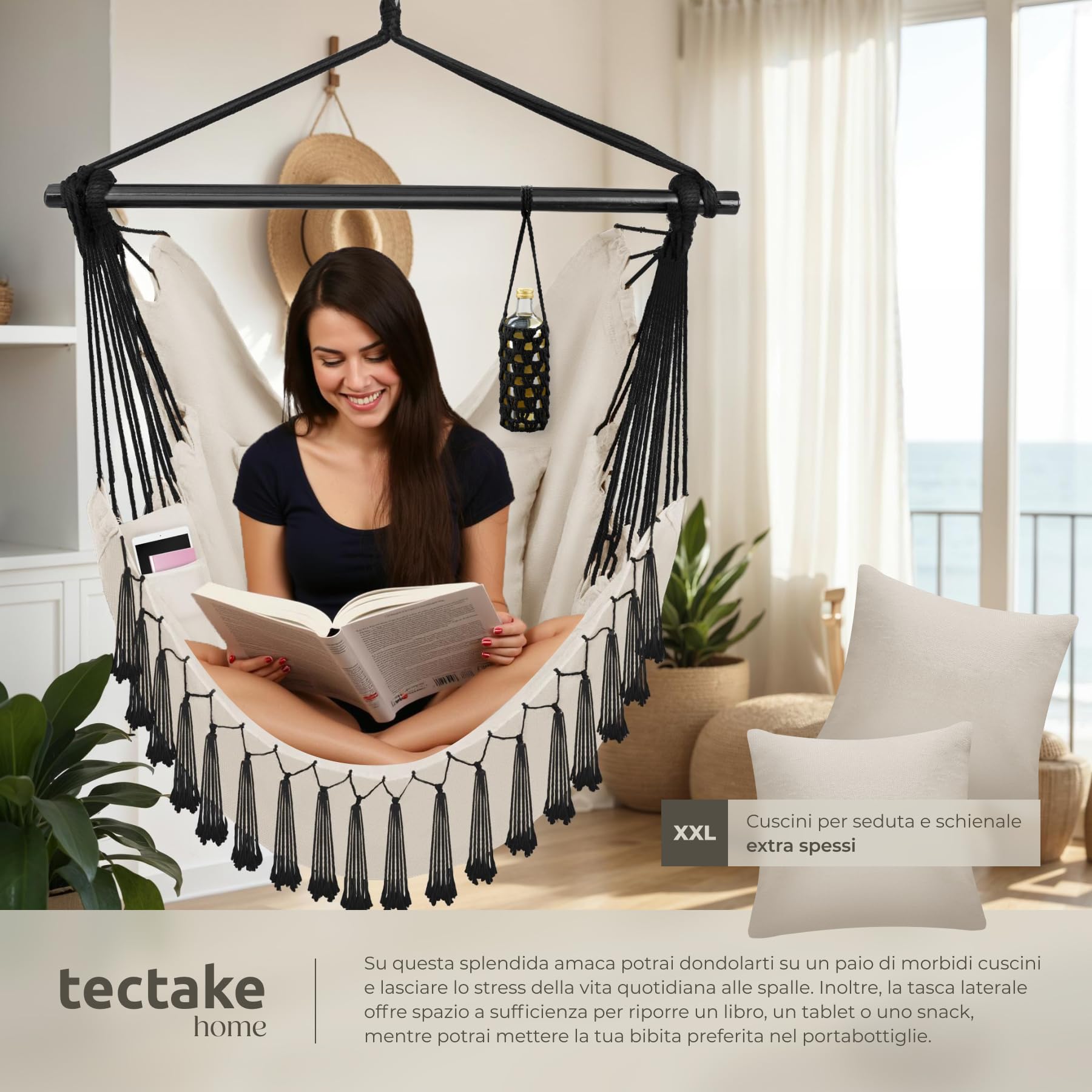 tectake® Poltrona Sospesa Malika, Stile Bohemien, Tessuto Misto Cotone-Poliestere Traspirante, Cuscini Extra Spessi, Scomparto per Libri, Appoggio per Bibite Regolabile, Carico Massimo 150kg - Beige