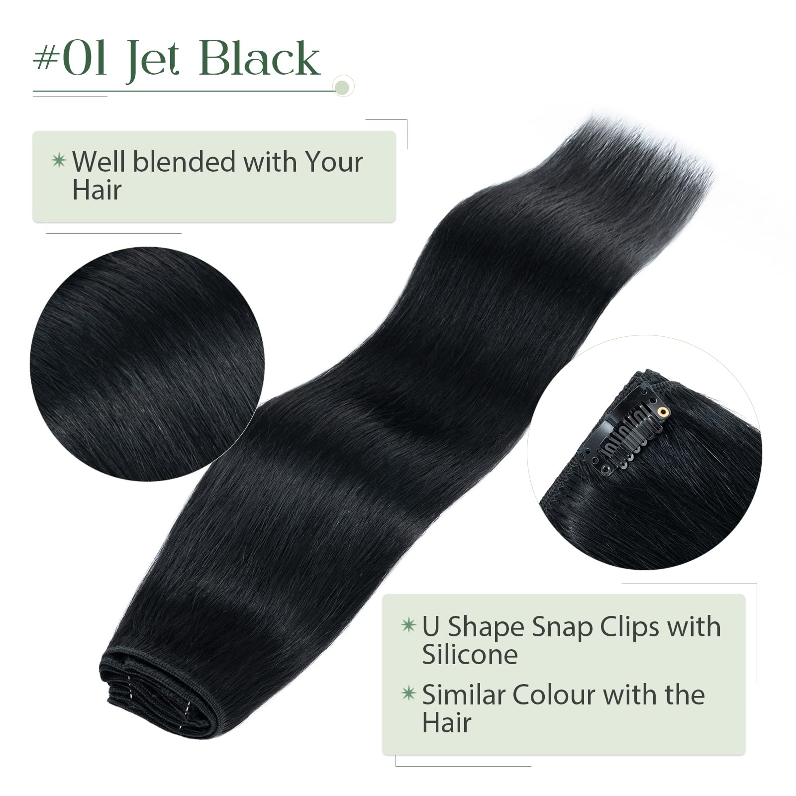 TESS Human Hair Extensions Clip in Real Hair Black Remy 5 Pieces Straight Natural Hairpieces for Women/Girls (#01 Jet Black - Image 3