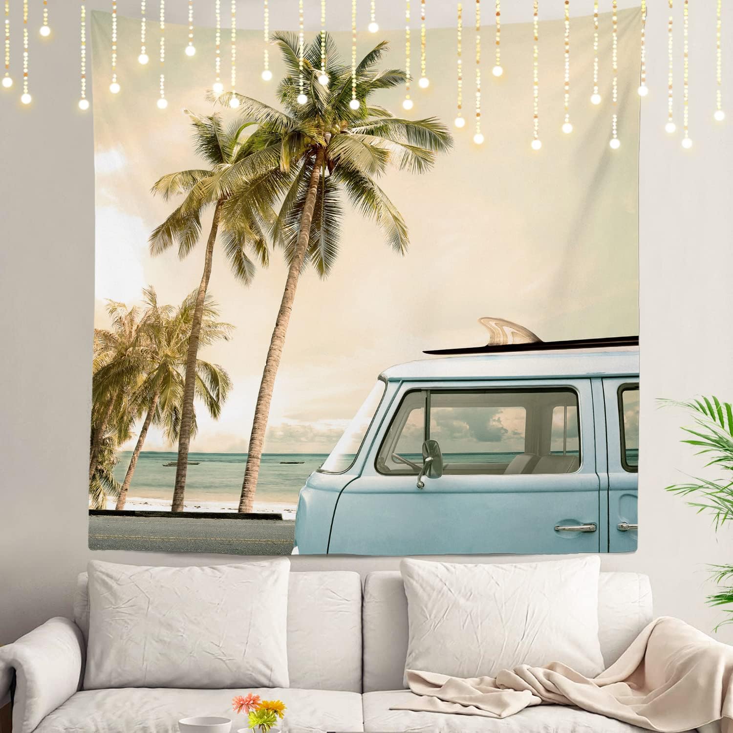 Shrahala Vintage Wall Tapestry, Ocean Drive Vintage Car Wall Hanging Large Tapestry Psychedelic Tapestry Decorations Bedroom Living Room Dorm(59.1 x 59.1 Inches, Blue)