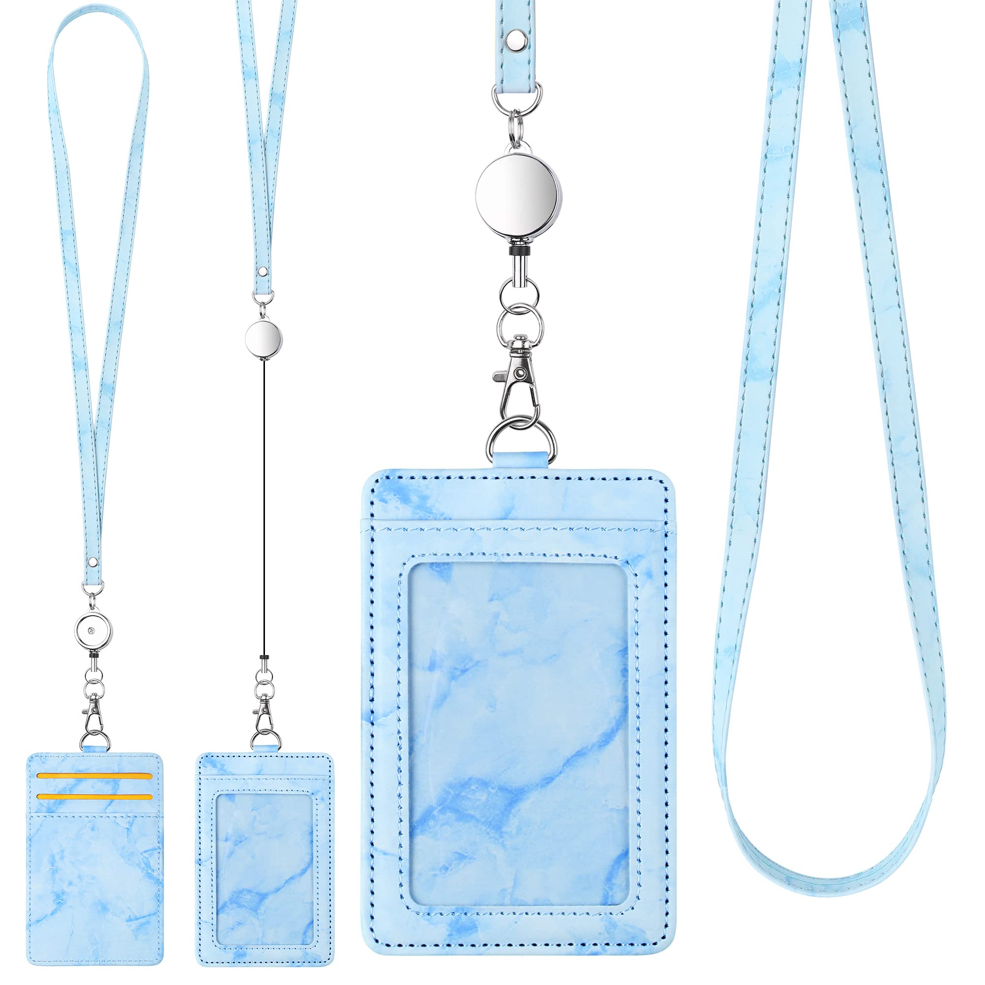 ID Badge Holder with Lanyard Marble Pattern Retractable Badge Holder PU Leather with Clear ID Window 1 Credit Card Case Name Badge Keychain Tags Protector for Women Nurse Teacher Office (Blue)