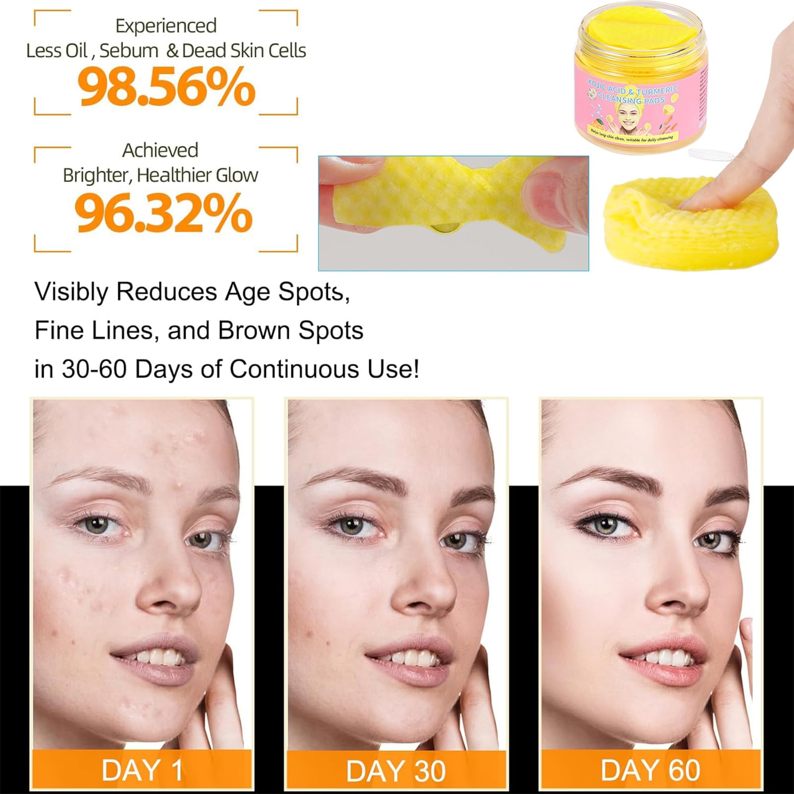 50 PCS Kojic Acid and Turmeric Cleansing Pads, Turmeric Kojic Acid Cleansing Pads for Exfoliating Natural Ingredients, All Skin Types - Image 3