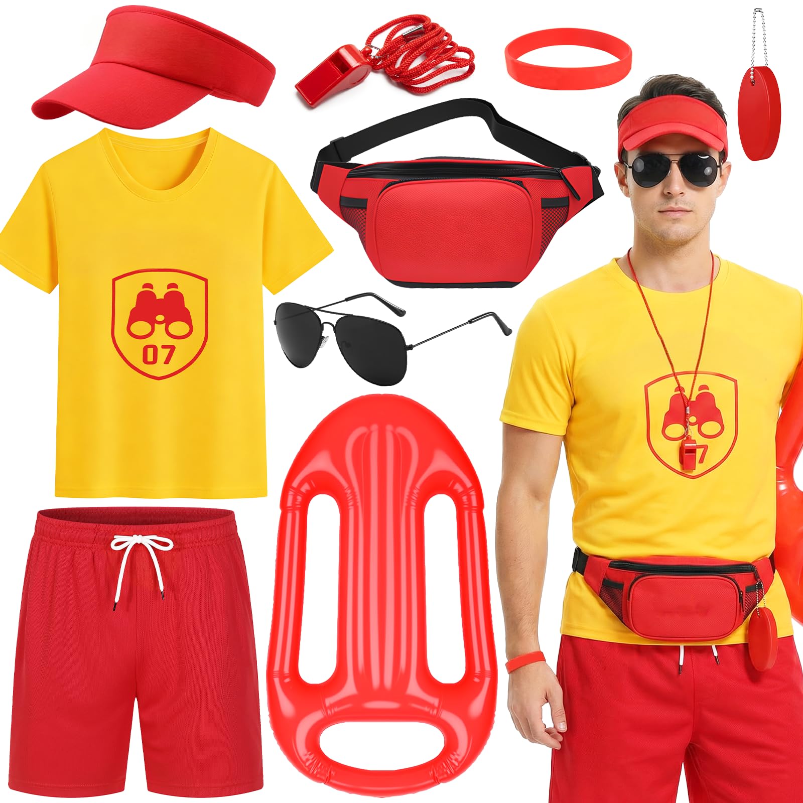 GLGHMH 9PCS Lifeguard Costume Set Guard Accessories Kit Include T-shirt Shorts for Men Women Pool Party, Festival, Cosplay Events (XXL)