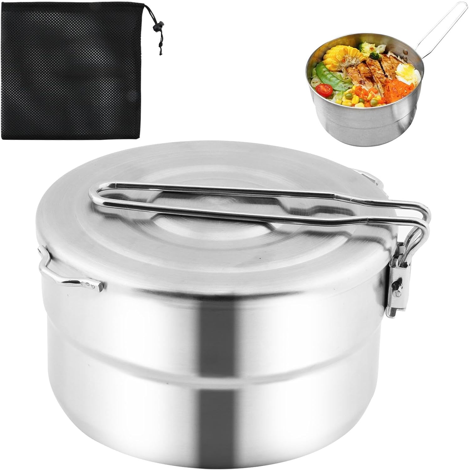 1.5L Stainless Steel Camping Cook Pot with Lid & Folding Handle
